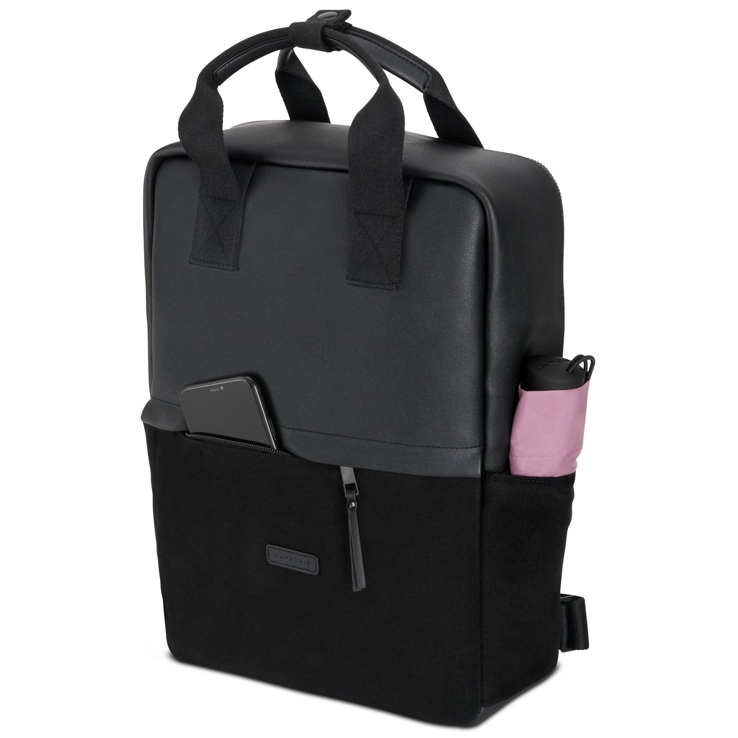 Rucksack Mila aus schwarzem Canvas und Leder mit Fronttasche und seitlicher Tasche mit rosa Flasche