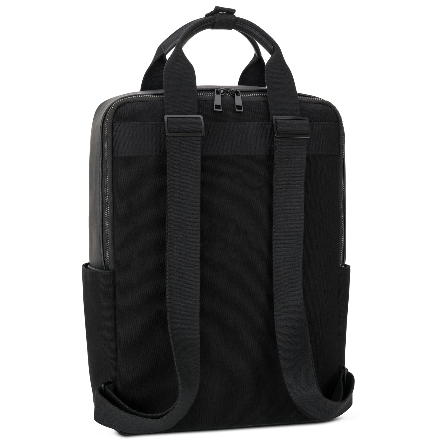 Schwarzer Rucksack Mila aus Canvas und Leder mit verstellbaren Schulterriemen und seitlichen Taschen