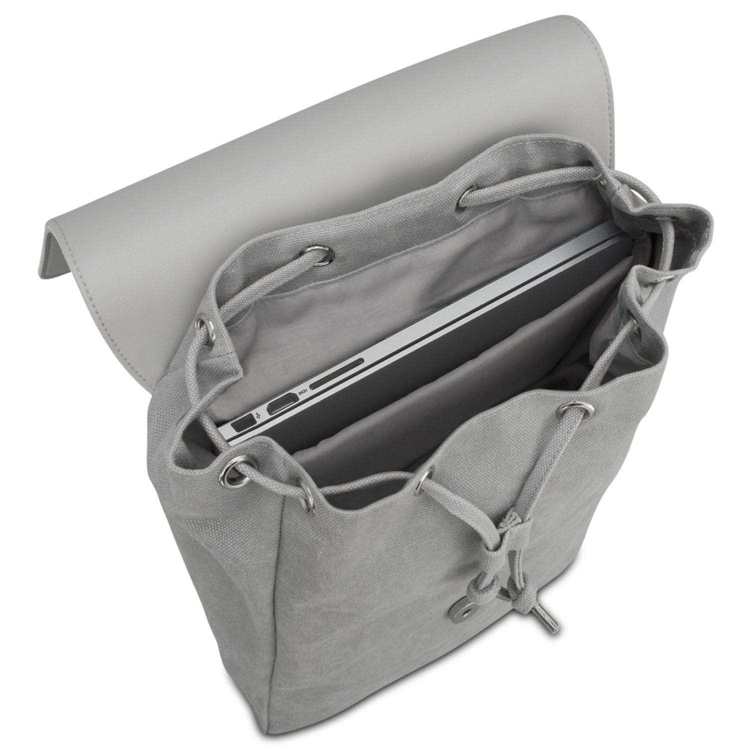 Grauer Canvas-Rucksack Anouk mit Laptopfach, geöffnet mit sichtbarem Laptop