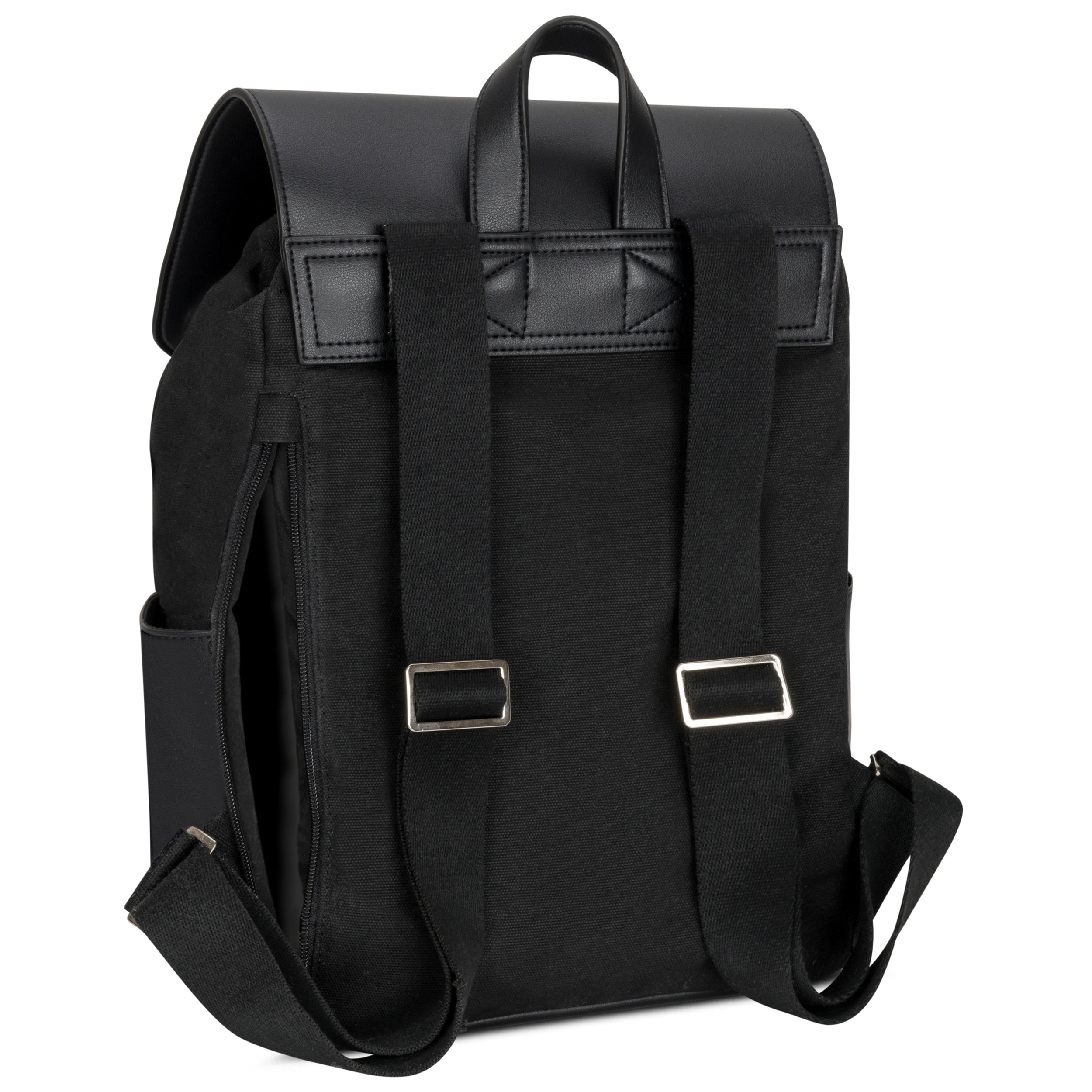Schwarzer Canvas-Rucksack Laurent für Damen mit verstellbaren Rückengurten und Lederklappe
