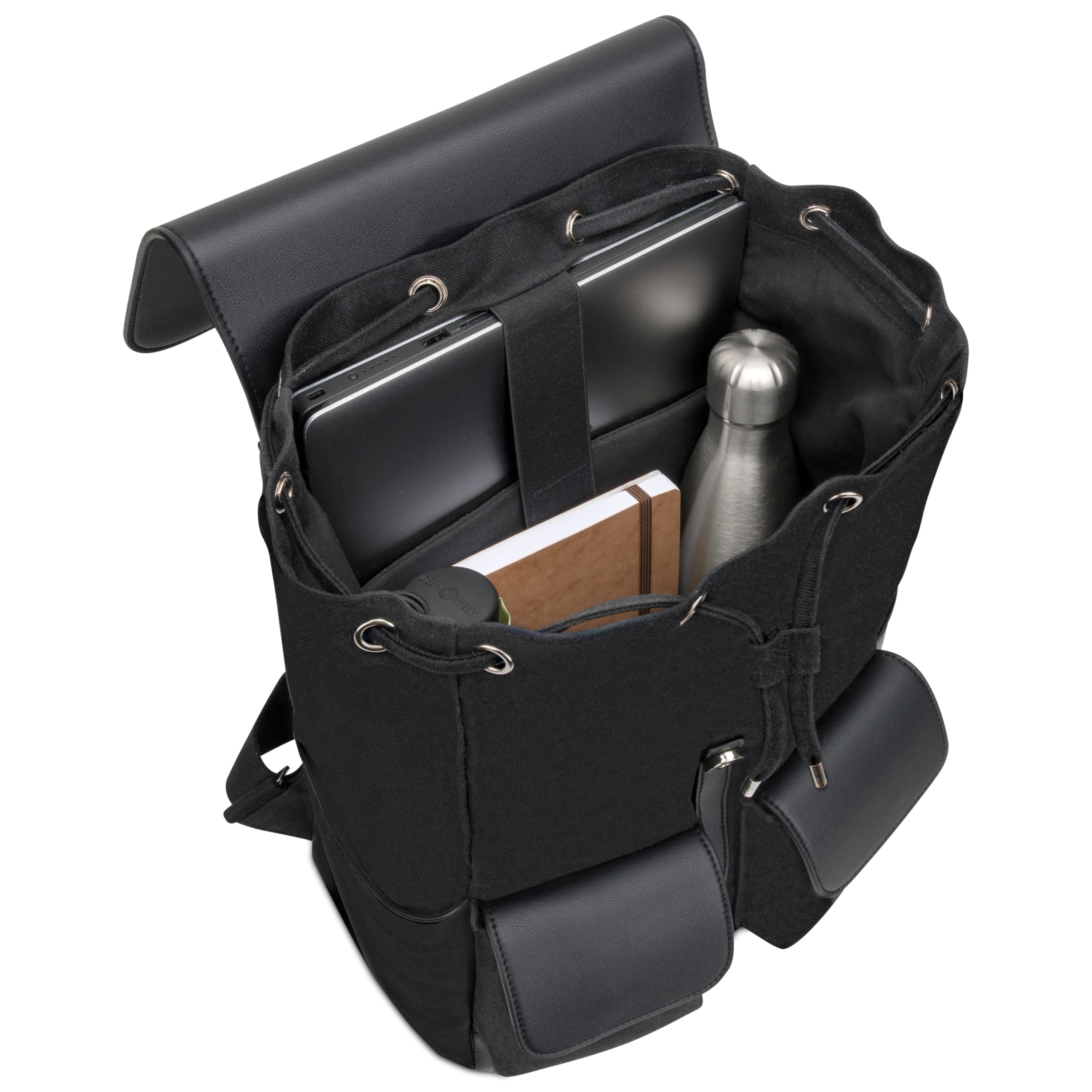 Schwarzer Rucksack Laurent aus Canvas mit Laptopfach, gefüllt mit Laptop, Wasserflasche und Notizbuch