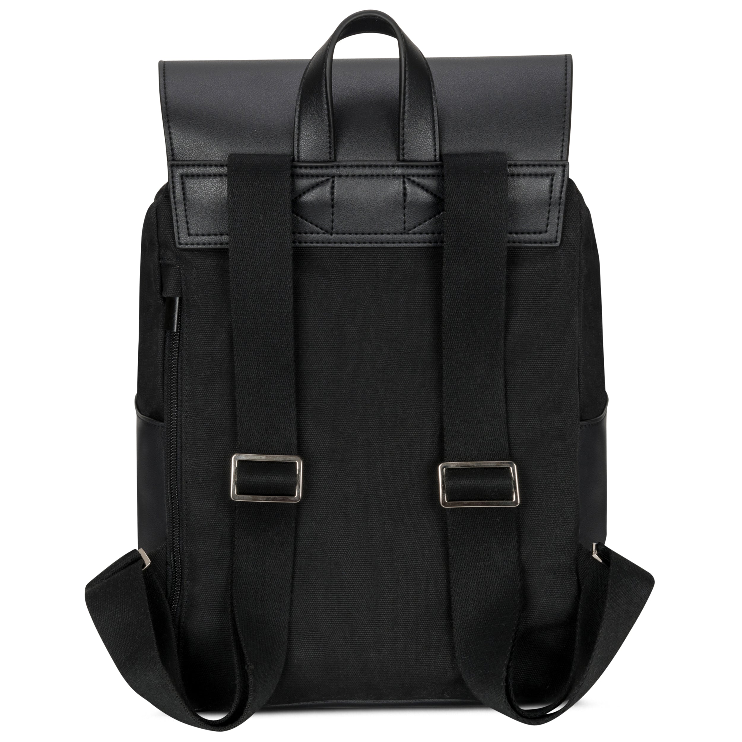 Schwarzer Rucksack Laurent aus Canvas und Leder, Rückansicht mit verstellbaren Schultergurten