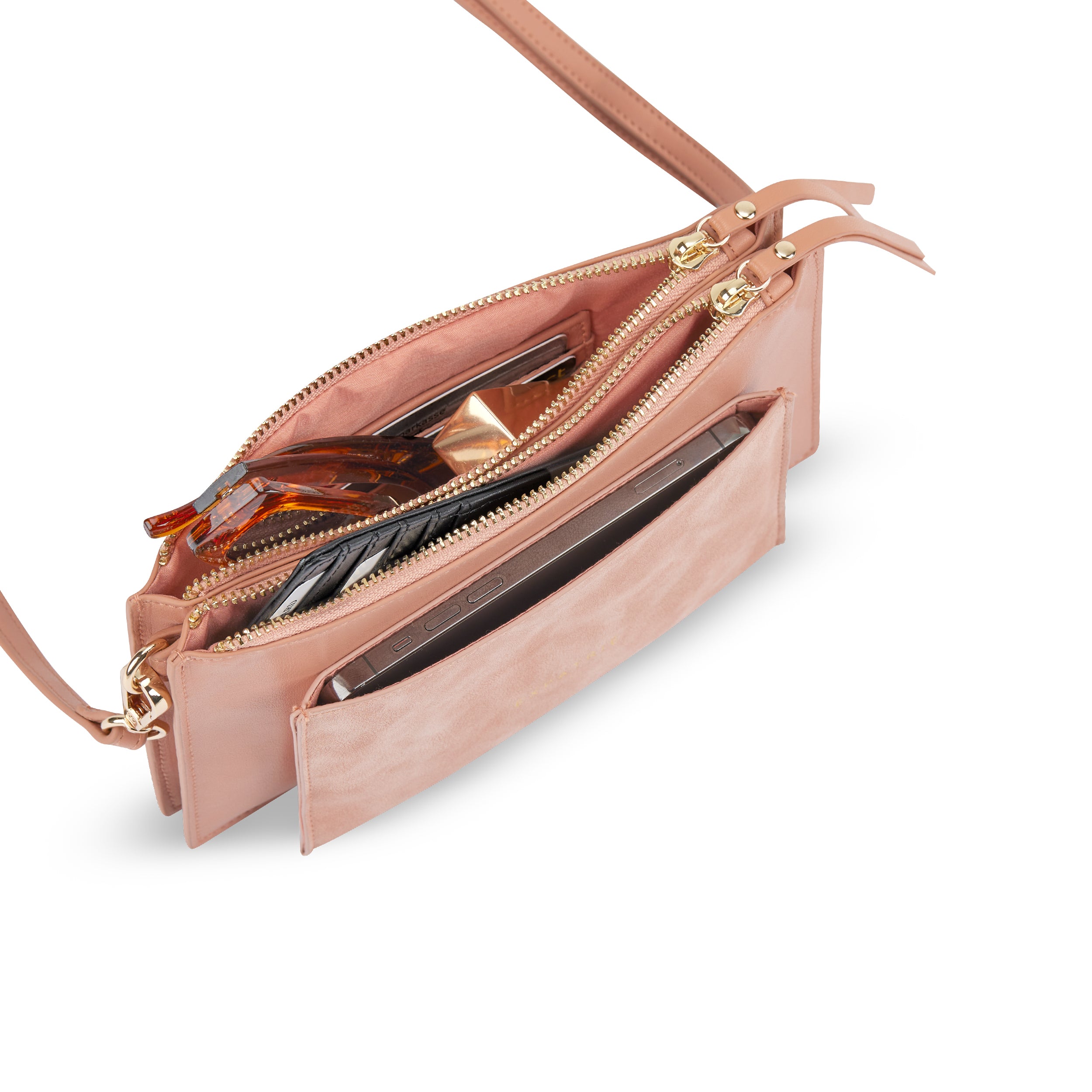 Clutch Isabelle in Nude Rose mit zwei Reißverschlussfächern, gefüllt mit Kosmetik und Smartphone