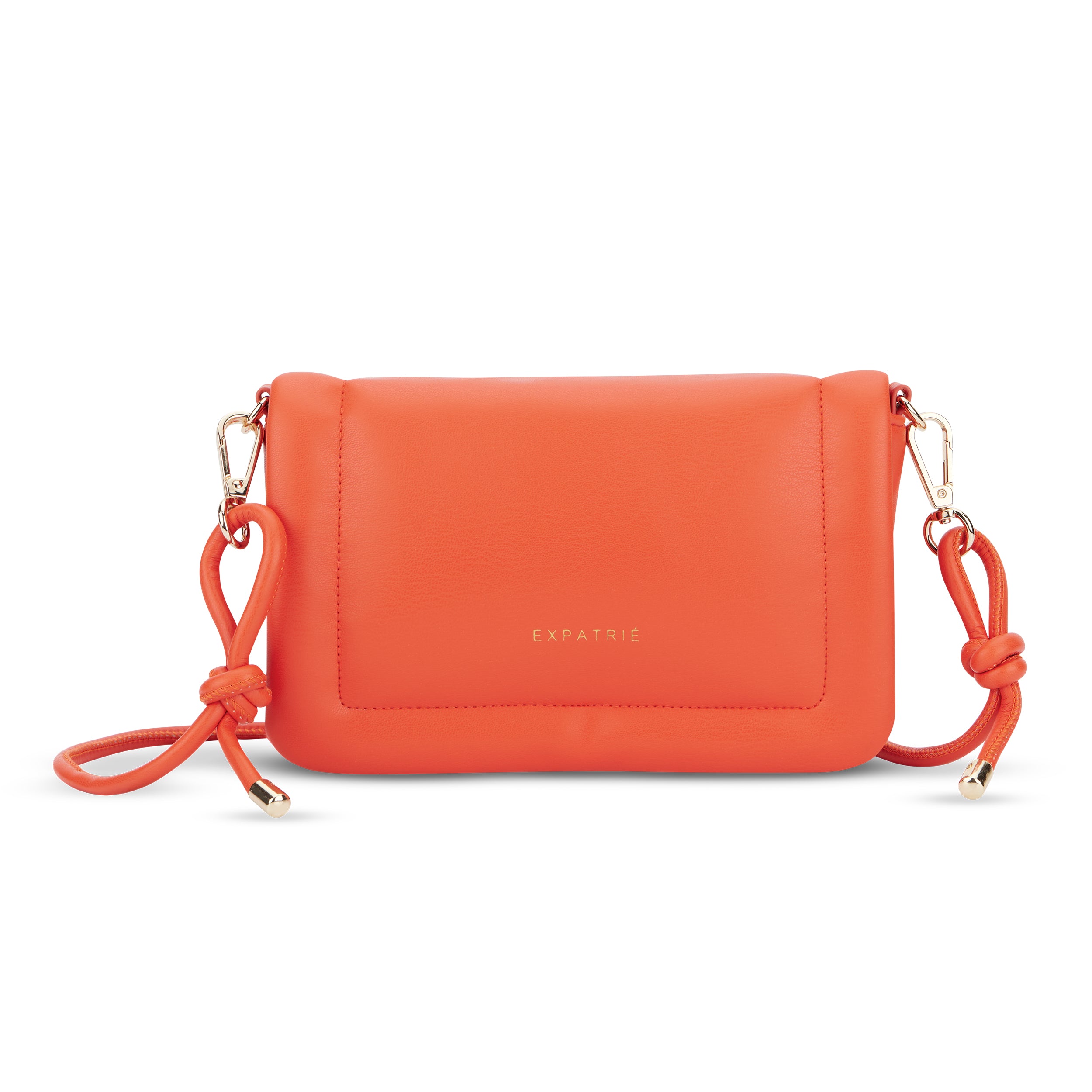 Umhängetasche Zoe Small in roten Leder mit goldfarbenen Metall-Details und Knoten an den Riemenenden