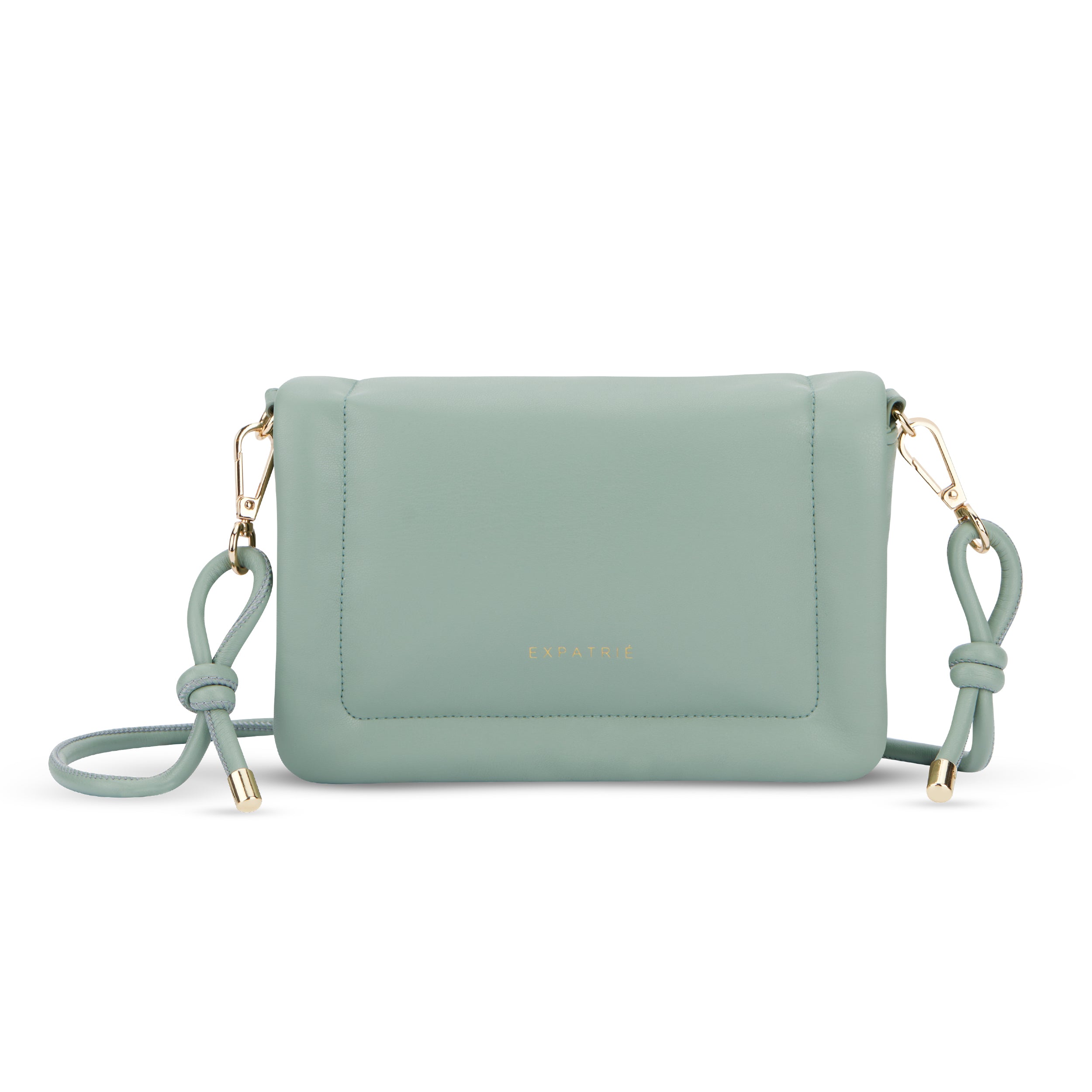 Umhängetasche Zoe Small in mintgrün mit goldfarbenen Metallakzenten und knotenverziertem Riemen