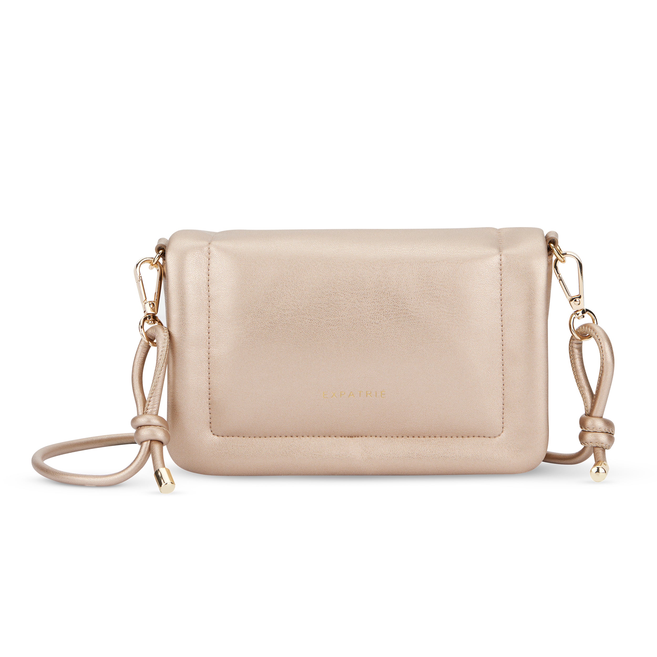 Goldfarbene Umhängetasche Zoe Small mit Knoten und goldfarbener Hardware