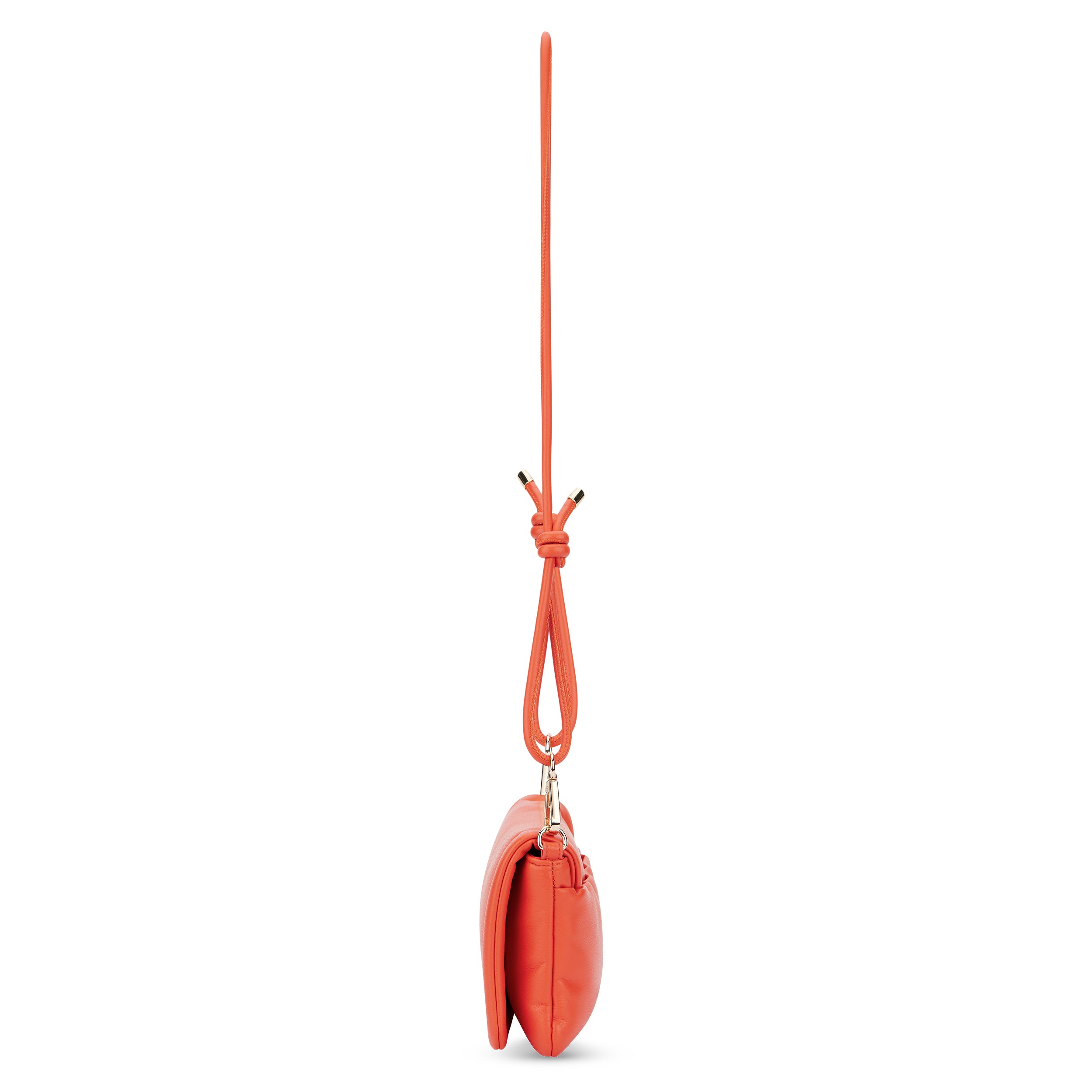 Umhängetasche Zoe Small rot mit Knoten am langen Riemen und schmalem Profil