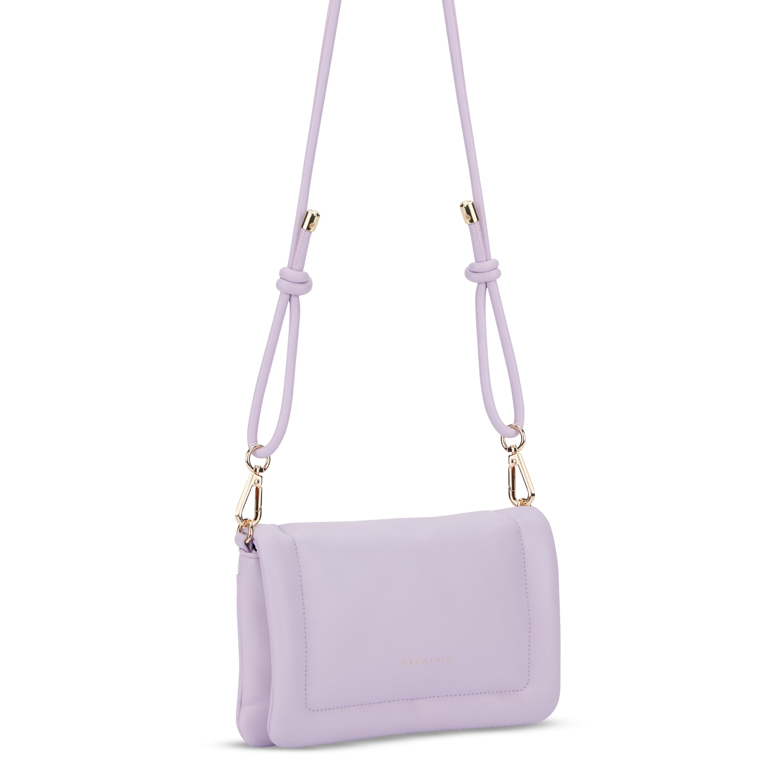 Umhängetasche Zoe Small in fliederfarben mit verstellbarem Riemen und goldfarbenen Karabinern