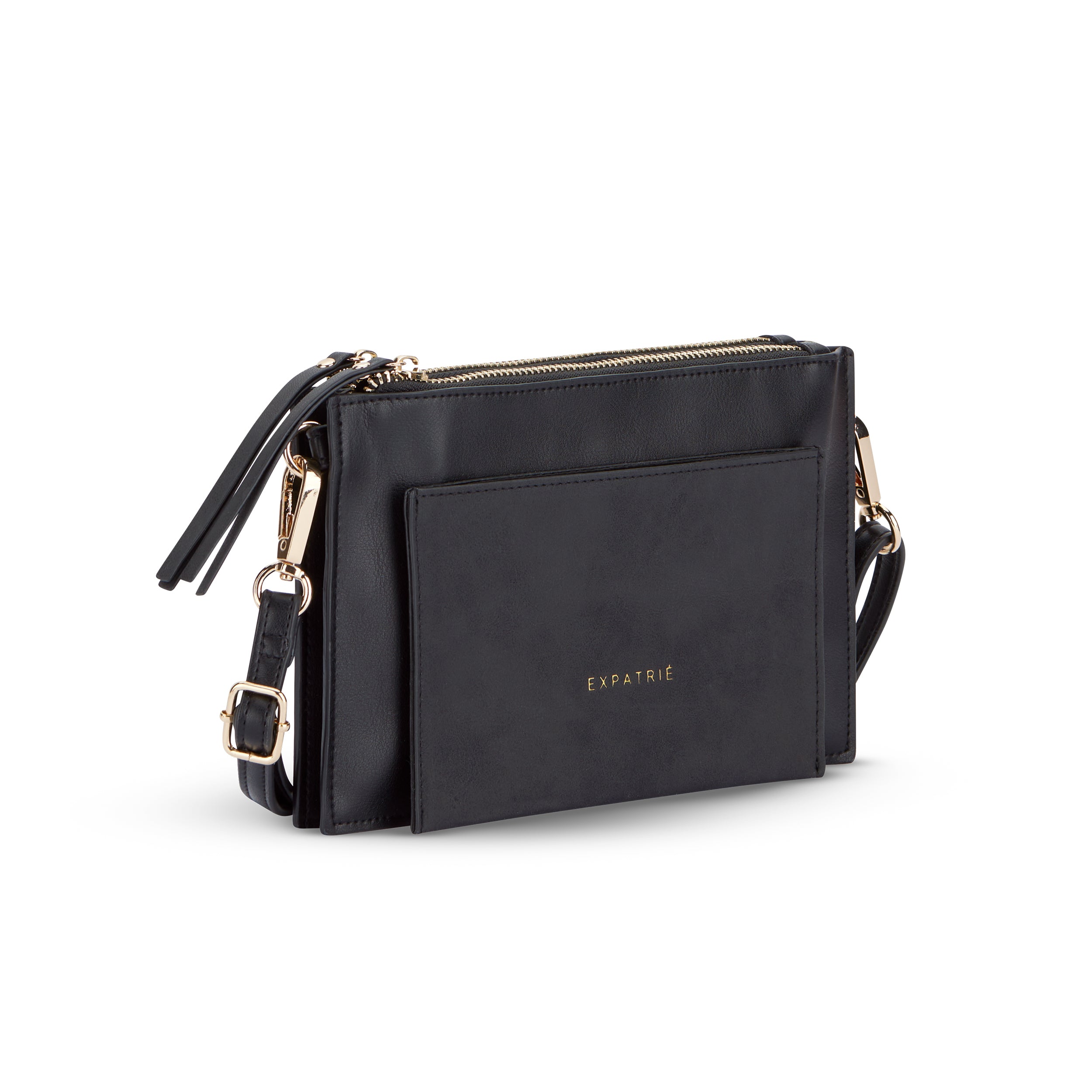 Schwarze Clutch Umhängetasche Isabelle mit goldfarbenen Reißverschlüssen und Expatrié Schriftzug