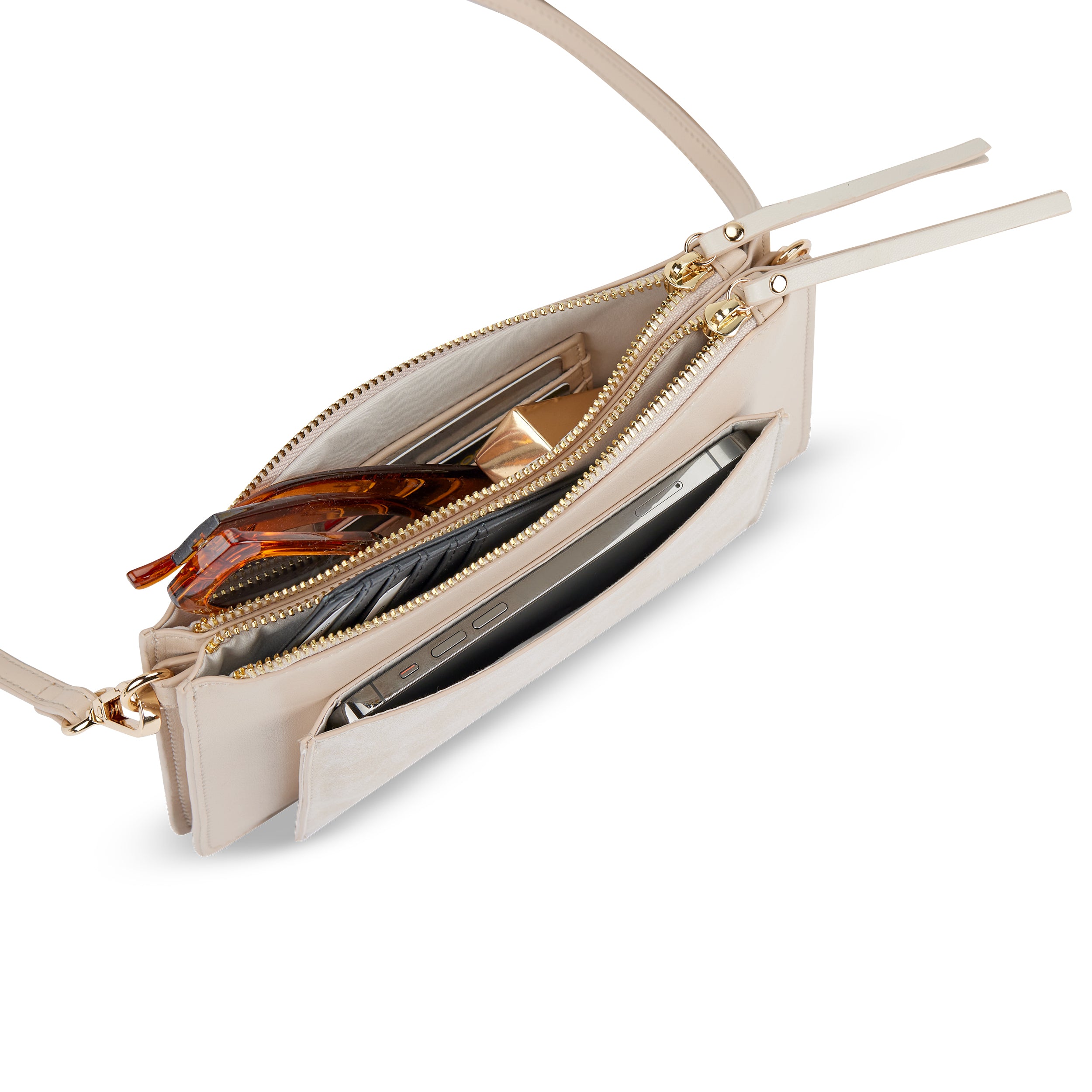 Beige Clutch Isabelle mit zwei Reißverschlussfächern, innen Brille, Geldbeutel, Parfum und Smartphone