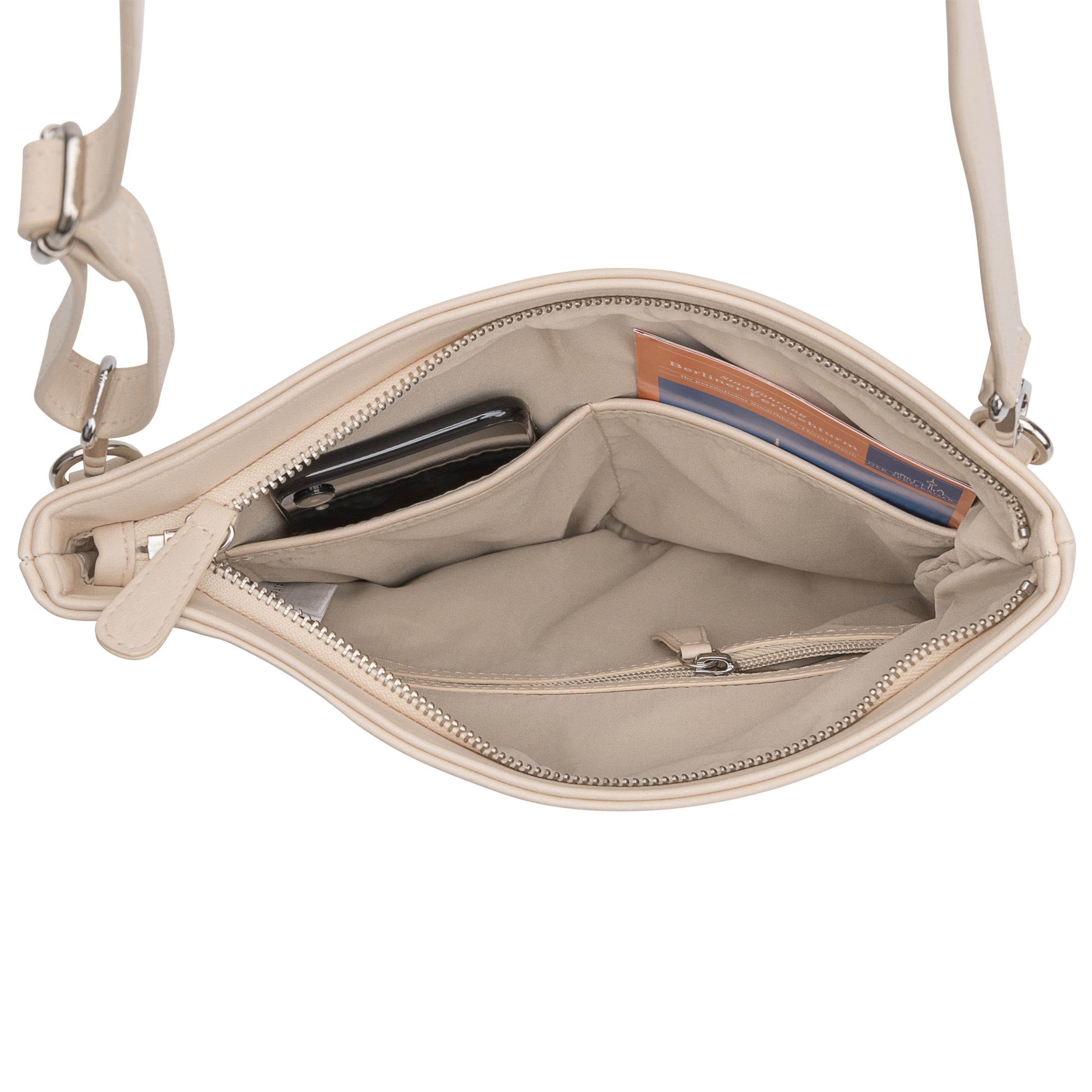 Beige Clutch Marie mit Reißverschluss offen, zeigt Innenfächer mit Handy und Karte