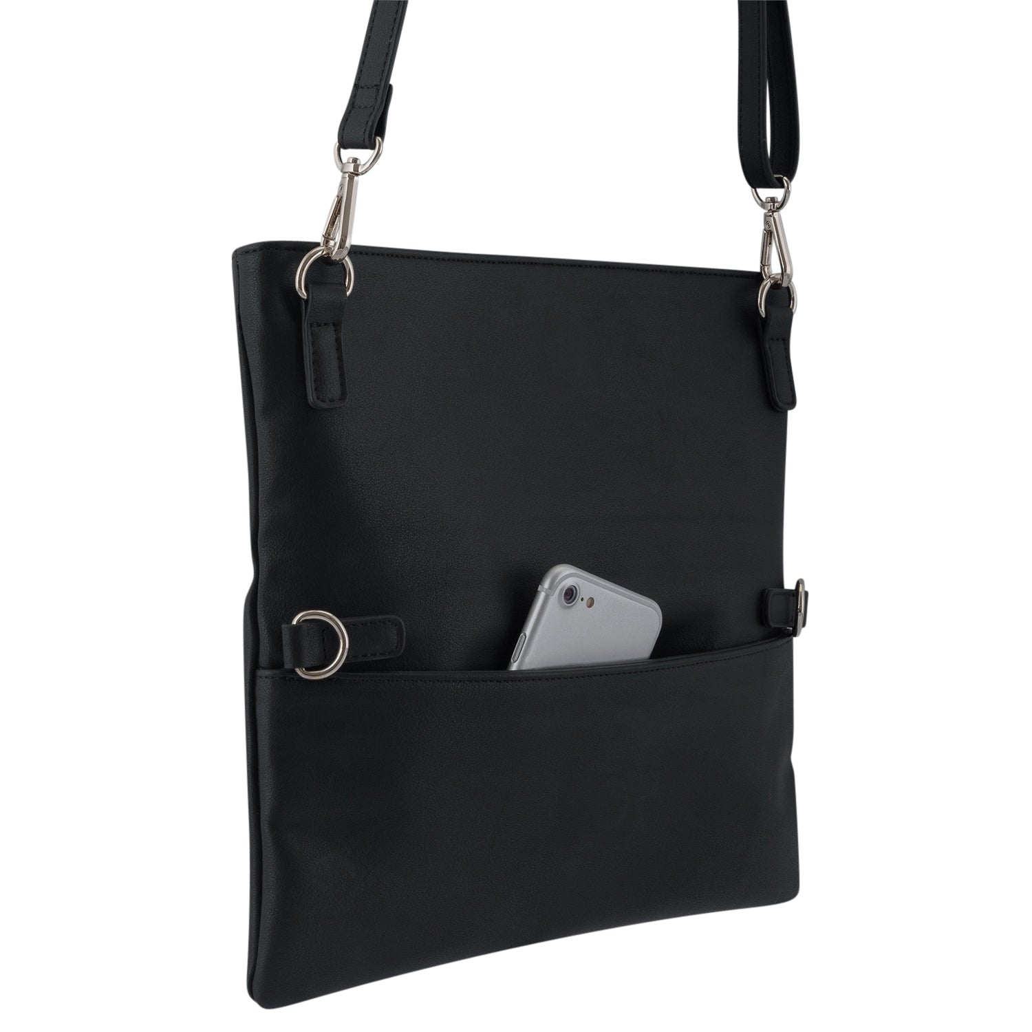Schwarze Clutch Marie mit abnehmbarem Trageriemen und Außentasche mit Smartphone