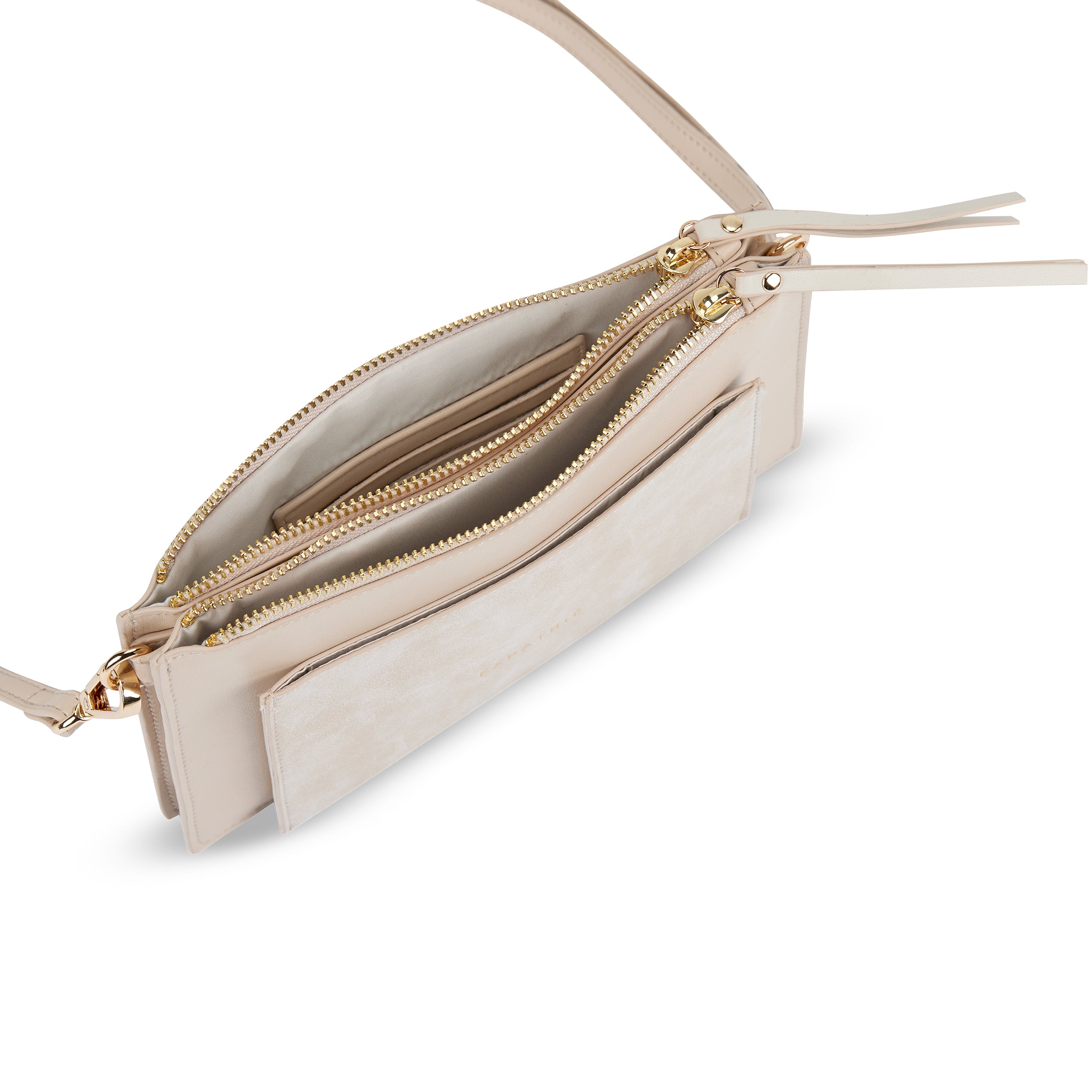 Beige Clutch Isabelle mit zwei Reißverschlussfächern und Schulterriemen offen