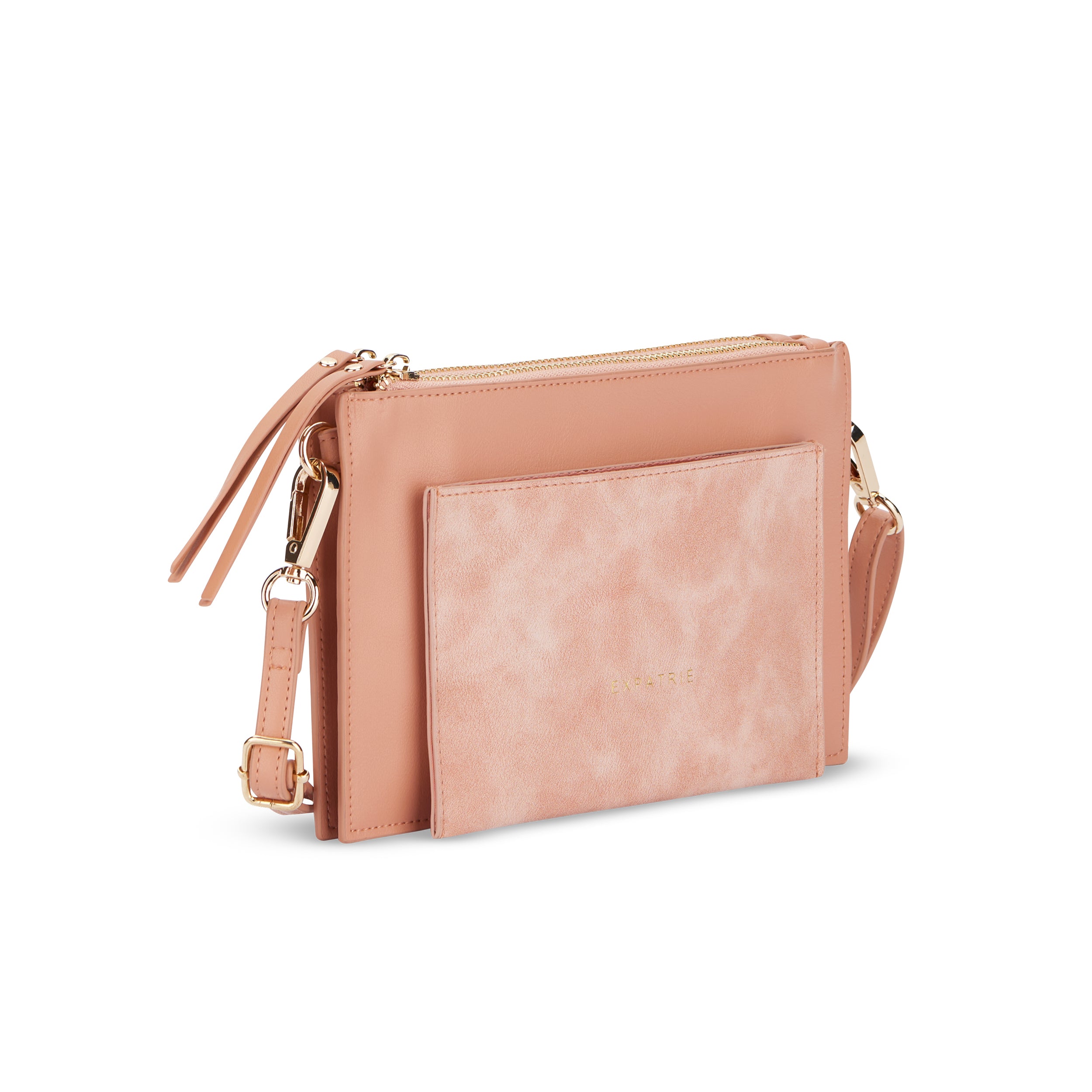 Nude-rosafarbene Clutch 'Isabelle' aus glattem und strukturiertem Material mit verstellbarem Riemen und goldfarbenen Details
