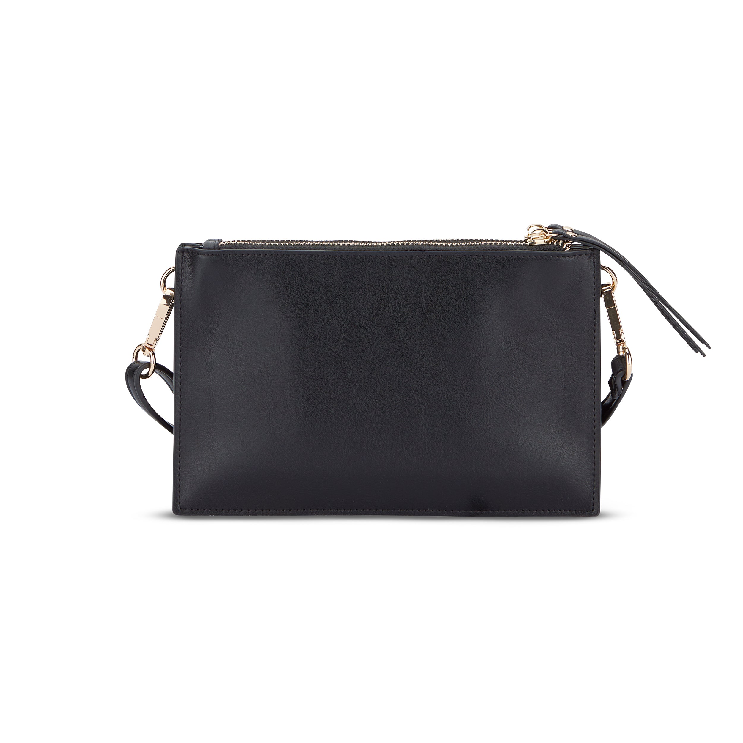 Schwarze Clutch Isabelle aus glattem Material mit goldfarbenen Reißverschluss und abnehmbarem Riemen
