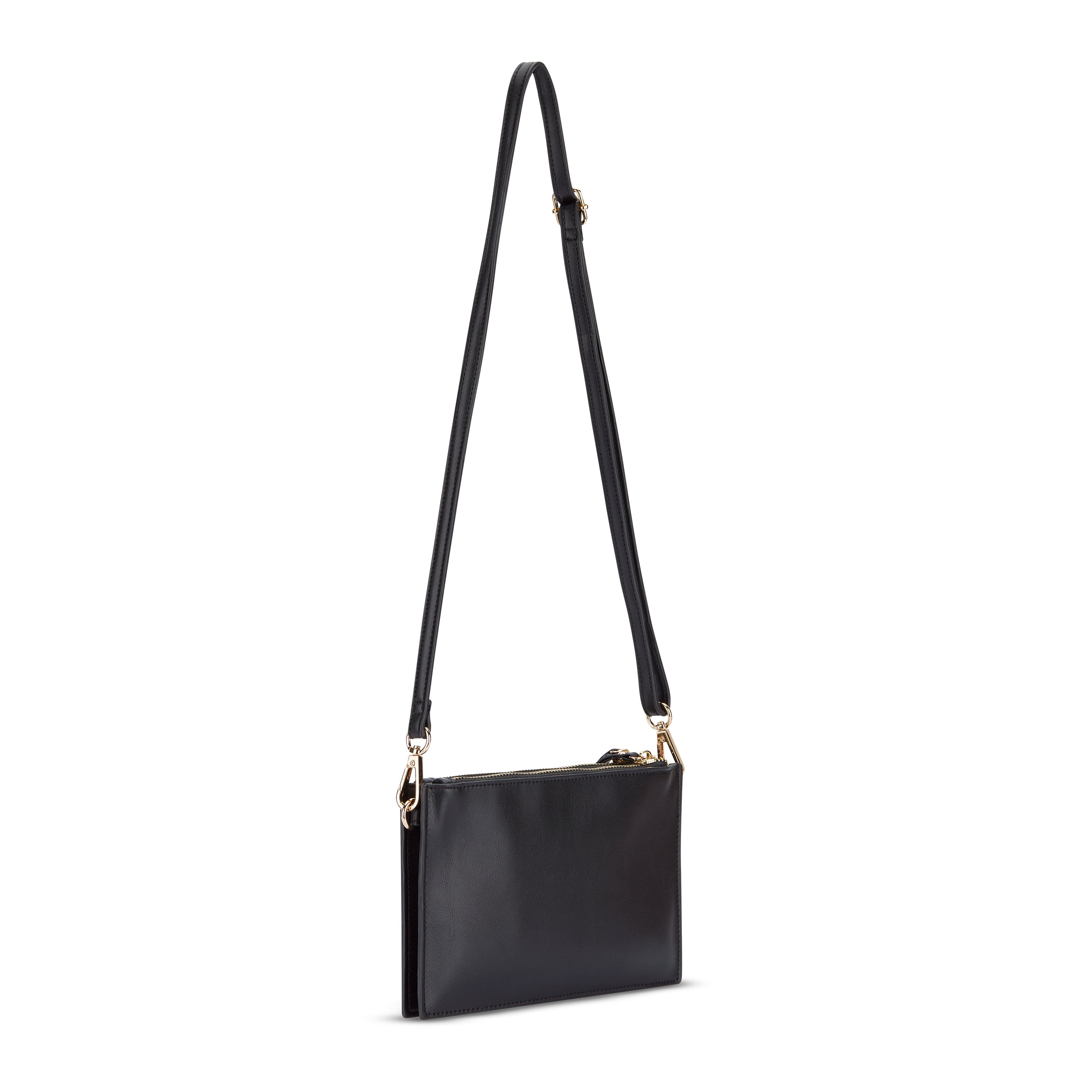 Clutch Isabelle aus schwarzem Leder mit verstellbarem Umhängeriemen und goldfarbenen Metallakzenten