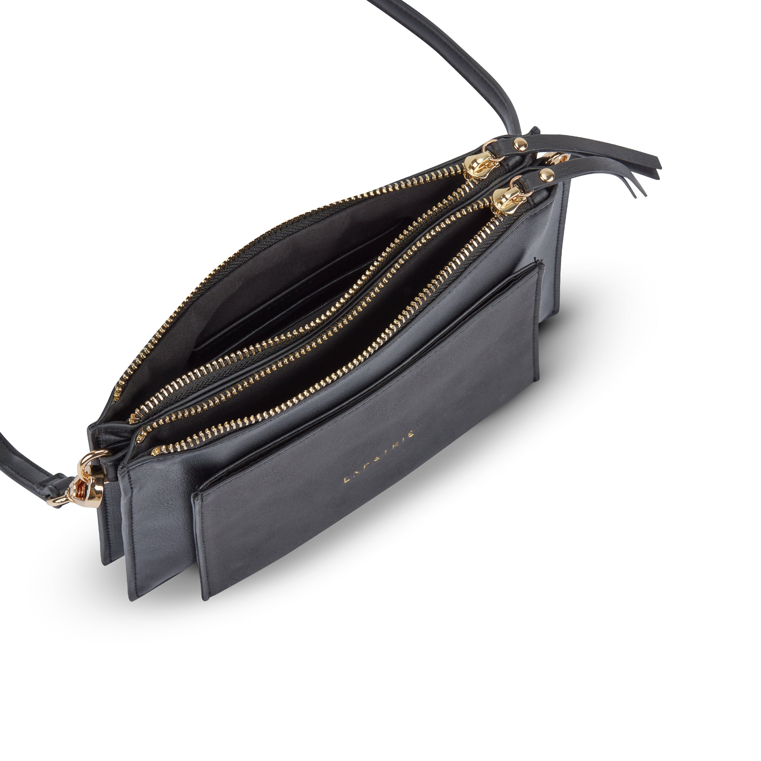 Schwarze Clutch Isabelle mit goldfarbenen Reißverschlüssen und mehreren Fächern