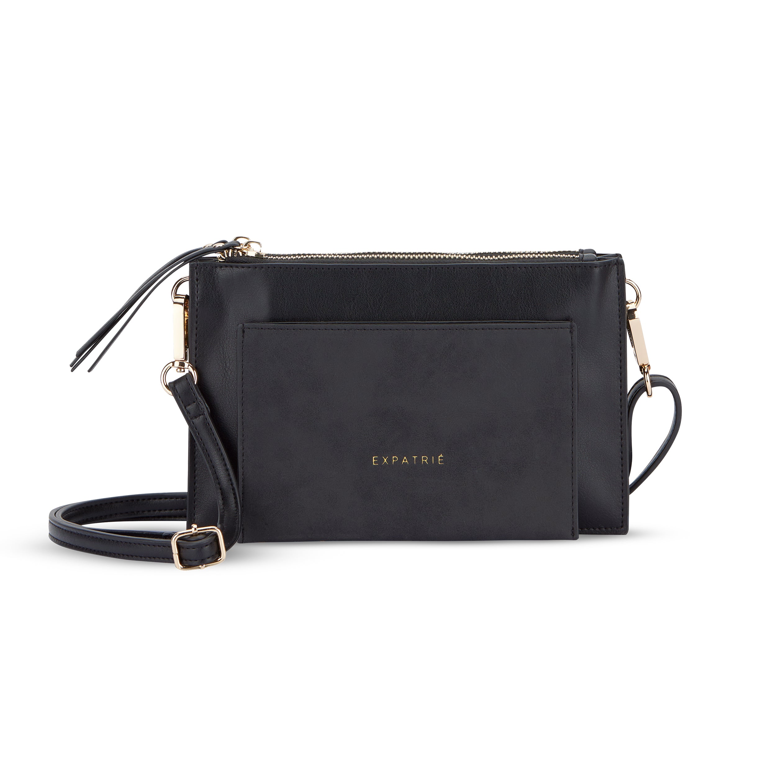 Schwarze Clutch Isabelle von Expatrié mit Reißverschluss und abnehmbarem Schulterriemen