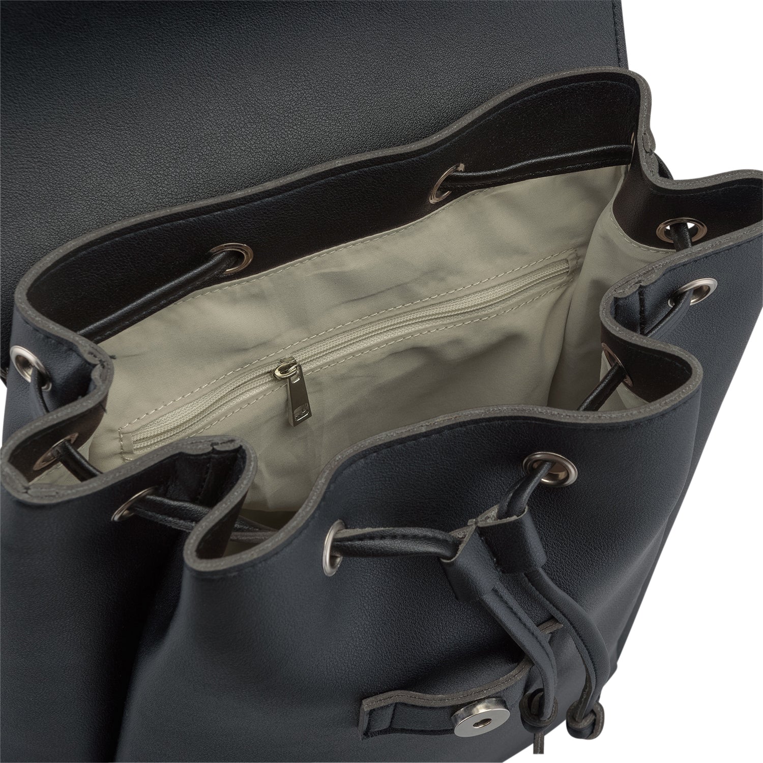 Schwarzer Kunstleder Rucksack Noelle mit beige Innenfutter und Reißverschlusstasche innen