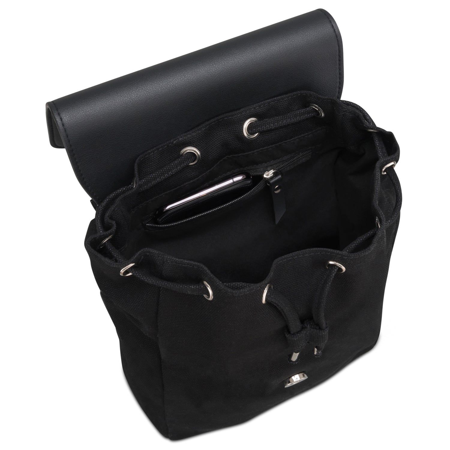 Schwarzer Mini Rucksack Anna aus Stoff und Leder mit Zugband und Reißverschlusstasche innen