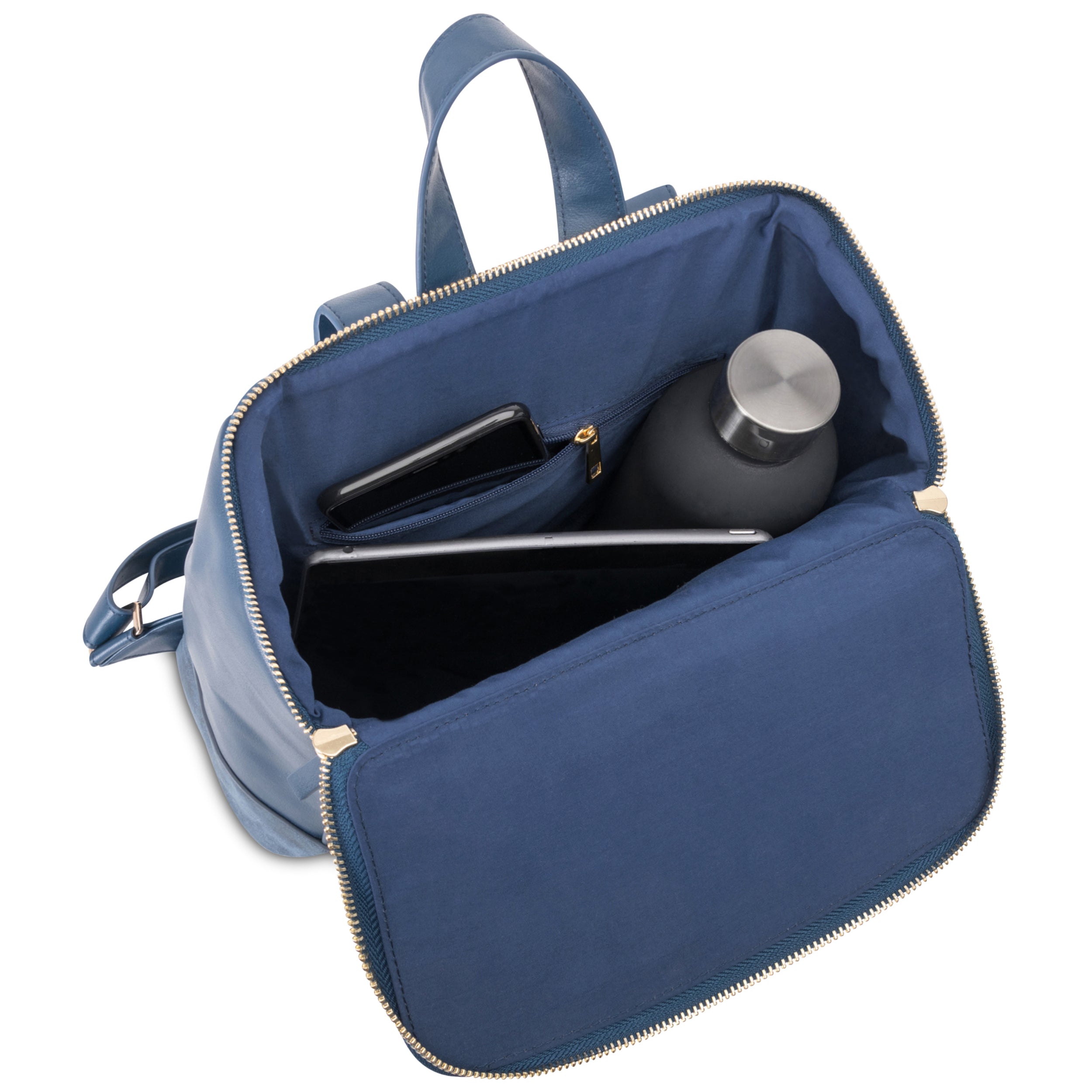 Blauer Leder-Rucksack Malou mit geöffnetem Hauptfach, Tablet, Smartphone und Trinkflasche im Inneren