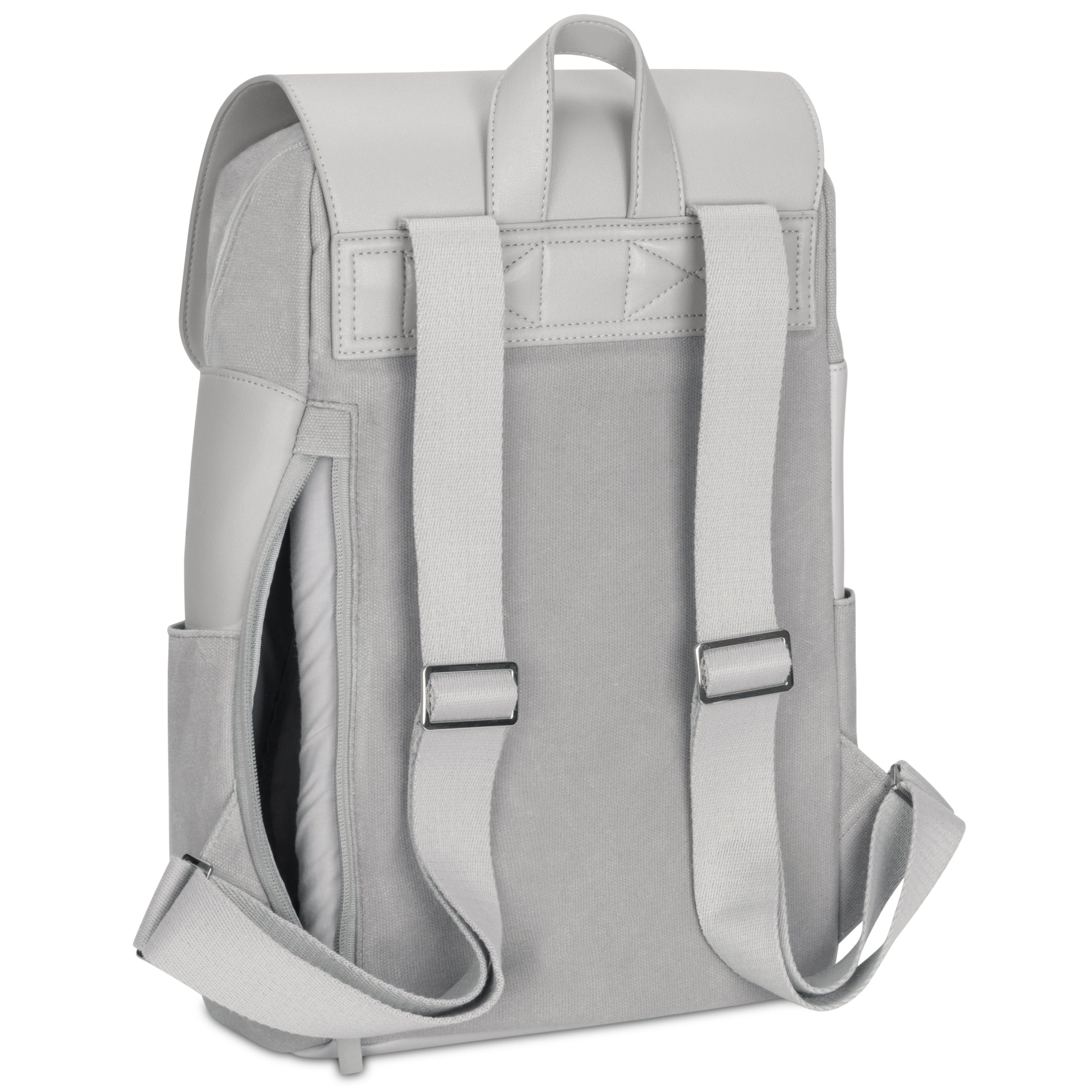 Rucksack Ella aus grauem Canvas und Leder, Rückseite mit gepolsterten Schulterriemen