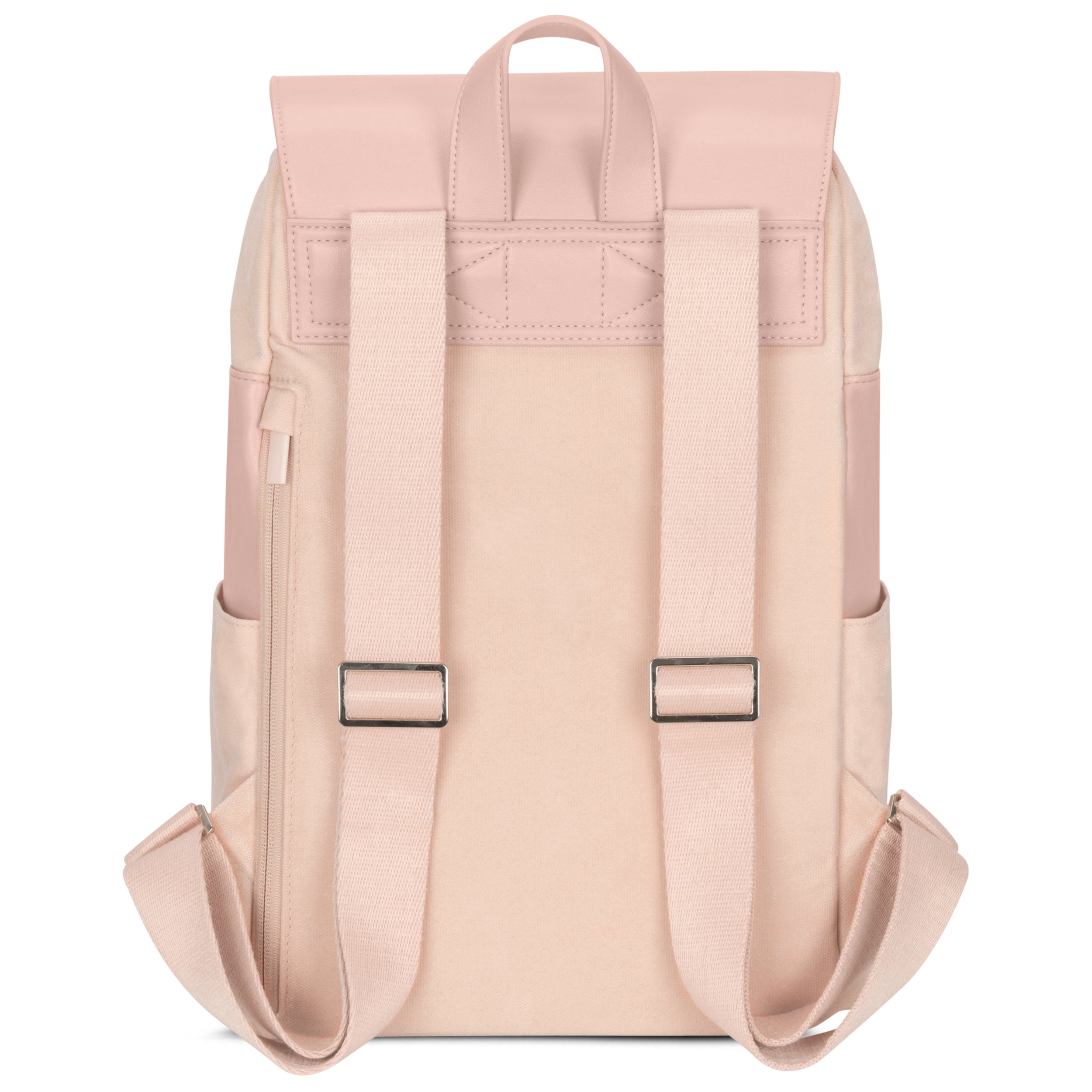 Rucksack Ella aus rosa Canvas und Leder, Rückseite mit verstellbaren Schulterriemen und Trageschlaufe