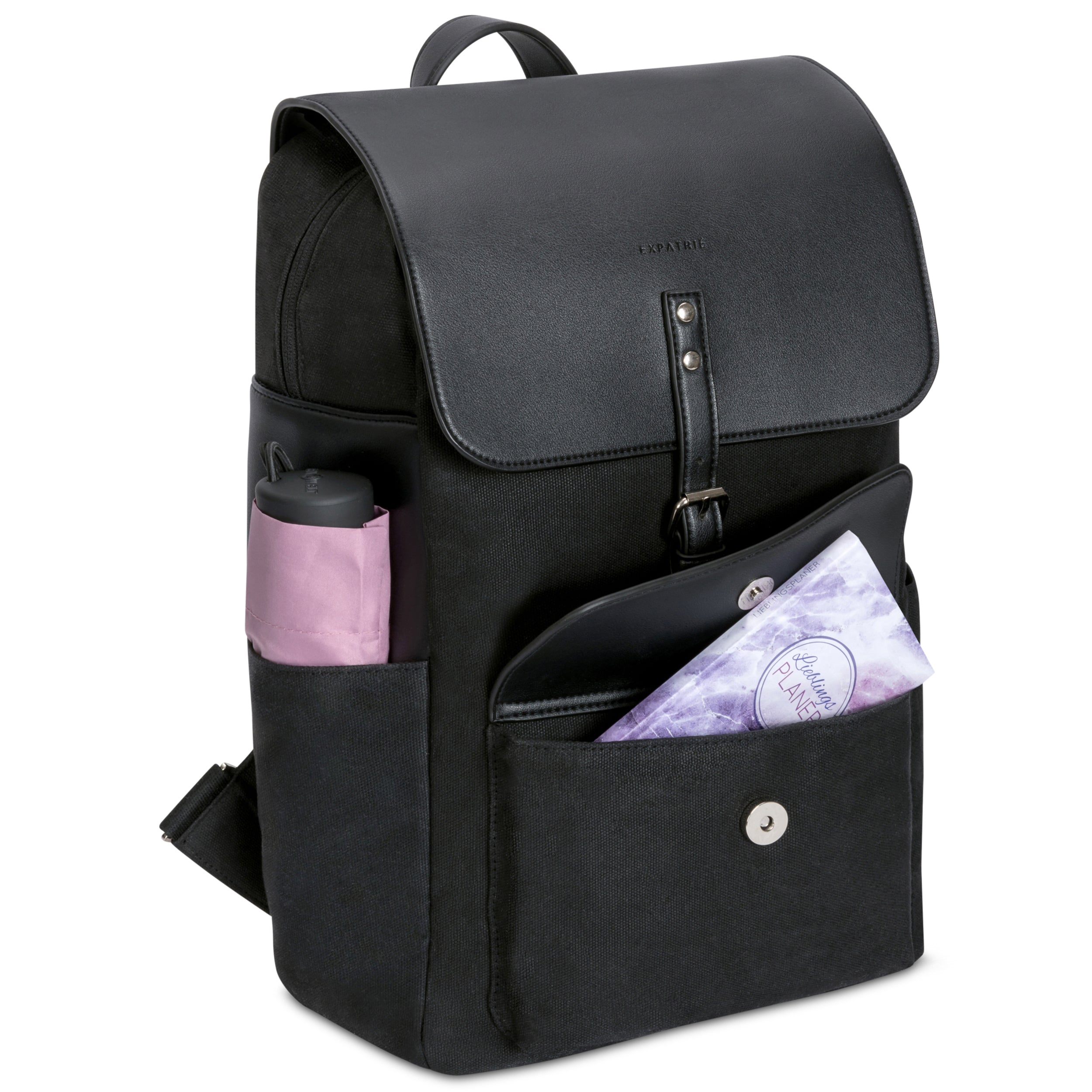 Schwarzer Rucksack 'Ella' aus Canvas und Leder mit vorderer Tasche, seitlicher Flaschenhalter und Klappdeckel