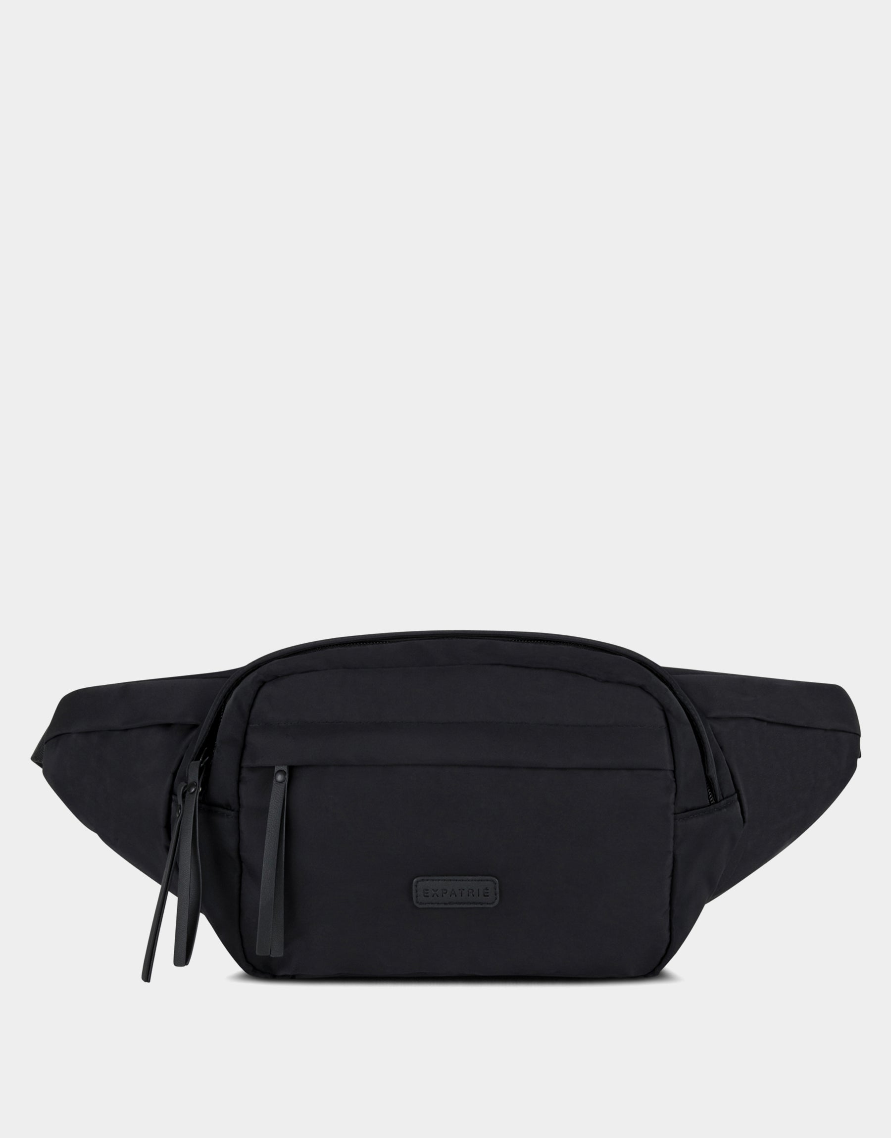 Schwarze Bauchtasche Justine mit Reißverschlüssen und Logo vorne
