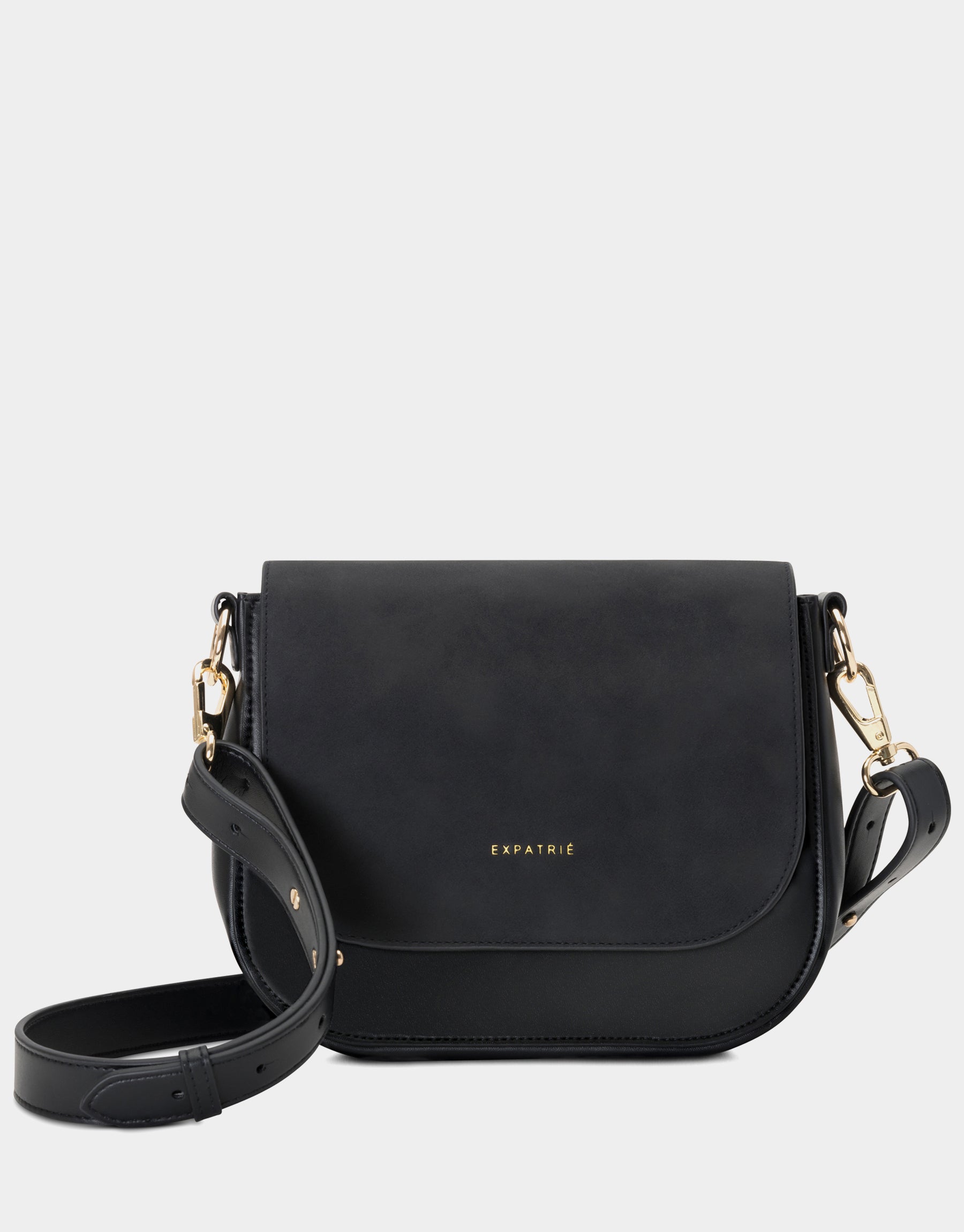 Schwarze Saddle Bag Louise Medium mit verstellbarem Schulterriemen und goldfarbenen Details