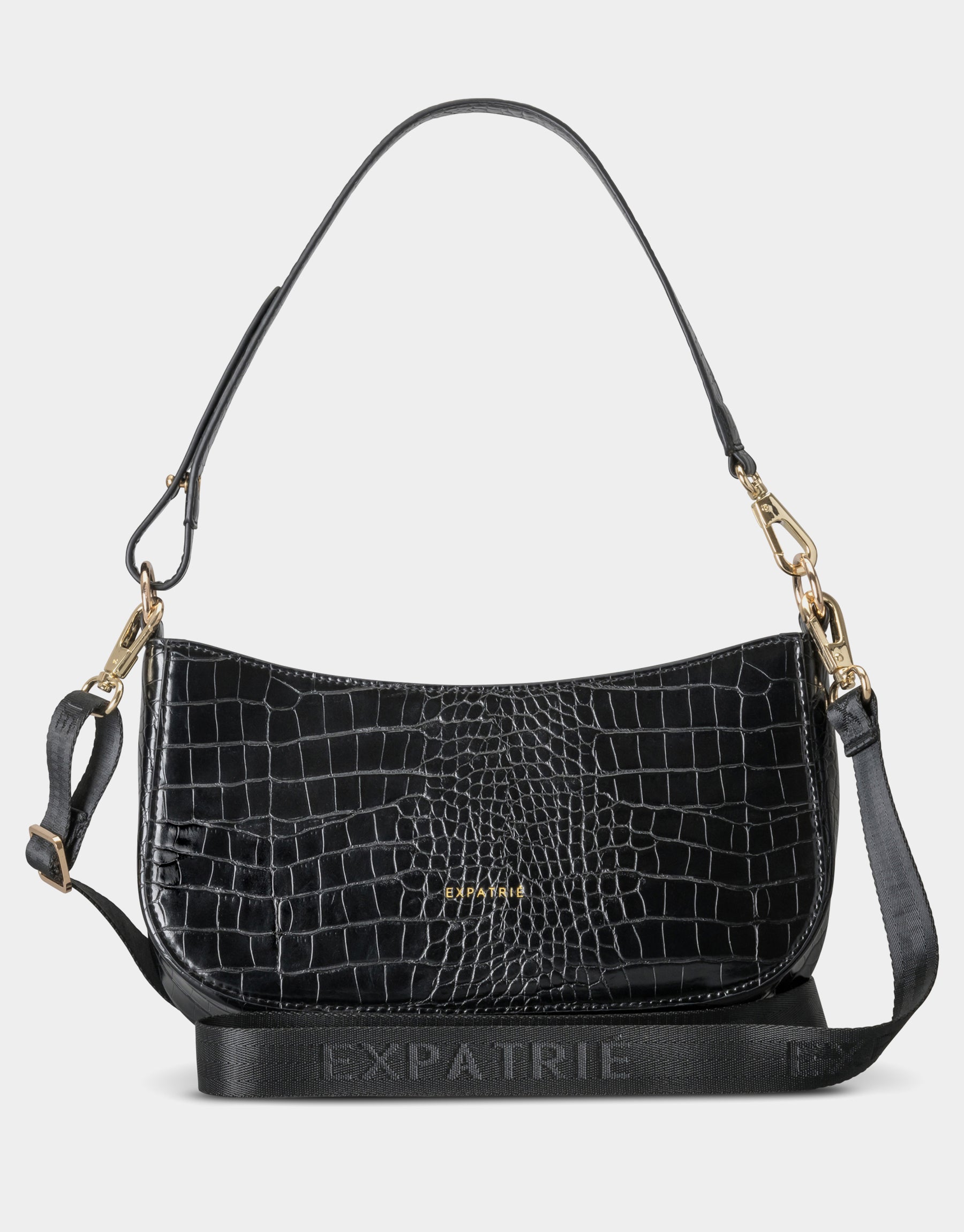 Schwarze Handtasche Féline mit Krokodilprägung und goldfarbenen Beschlägen