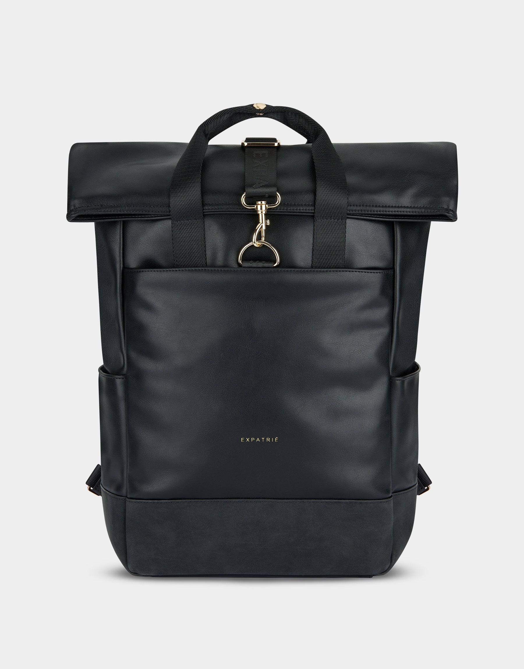 Schwarzer Rolltop Rucksack 'Adele' von Expatrié aus glattem Material mit Fronttasche und goldfarbenem Verschluss