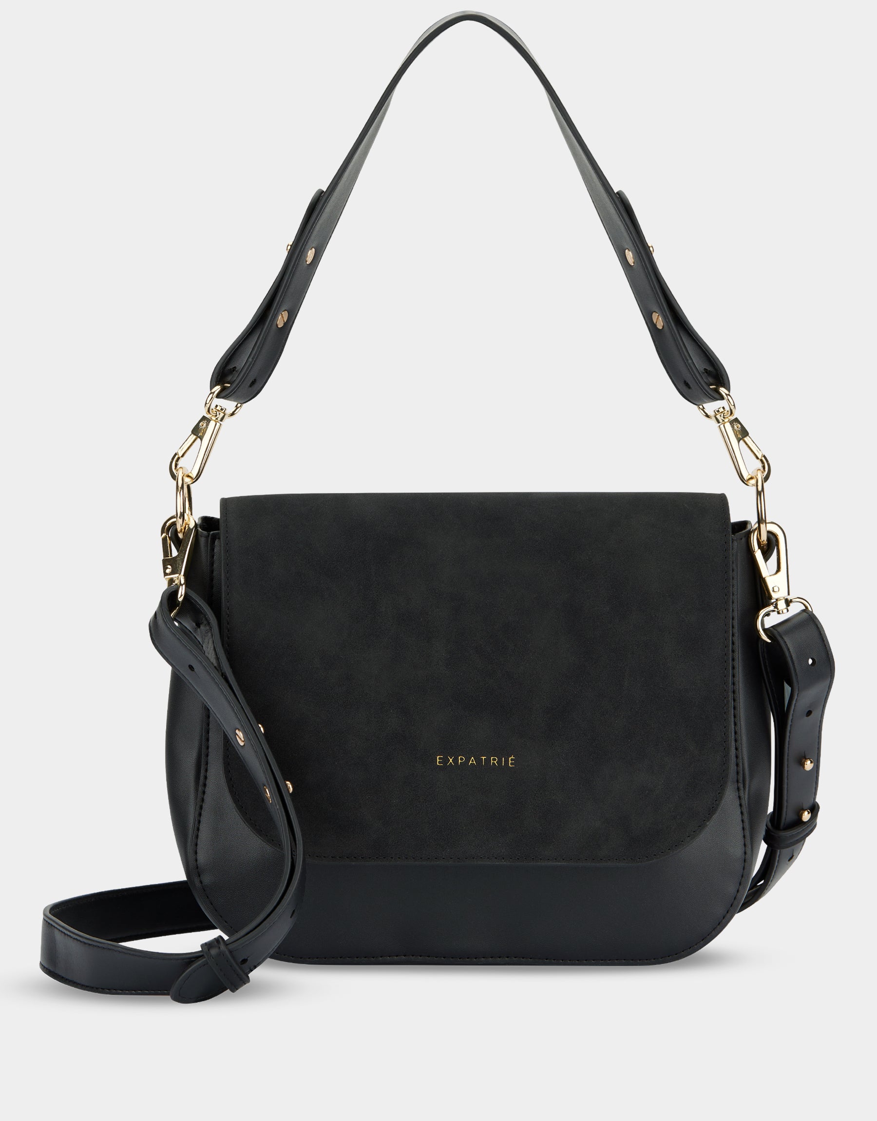 Schwarze Saddle Bag Louise Large aus Leder mit verstellbaren Trägern und goldfarbenen Details