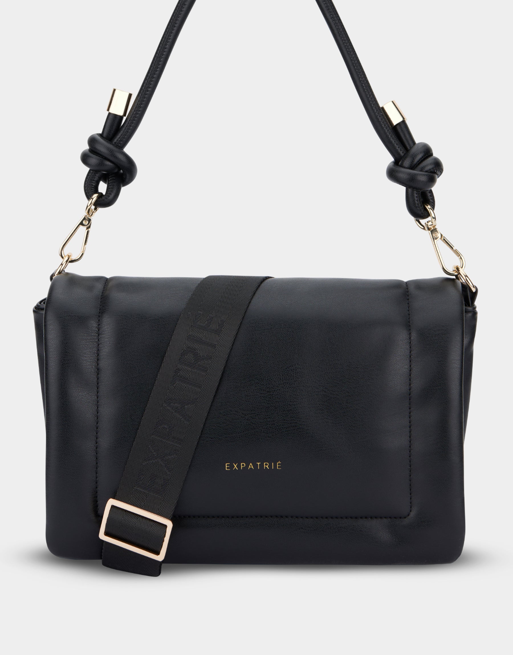 Schwarze Umhängetasche Zoe Medium mit verstellbarem Gurt und goldfarbenen Details