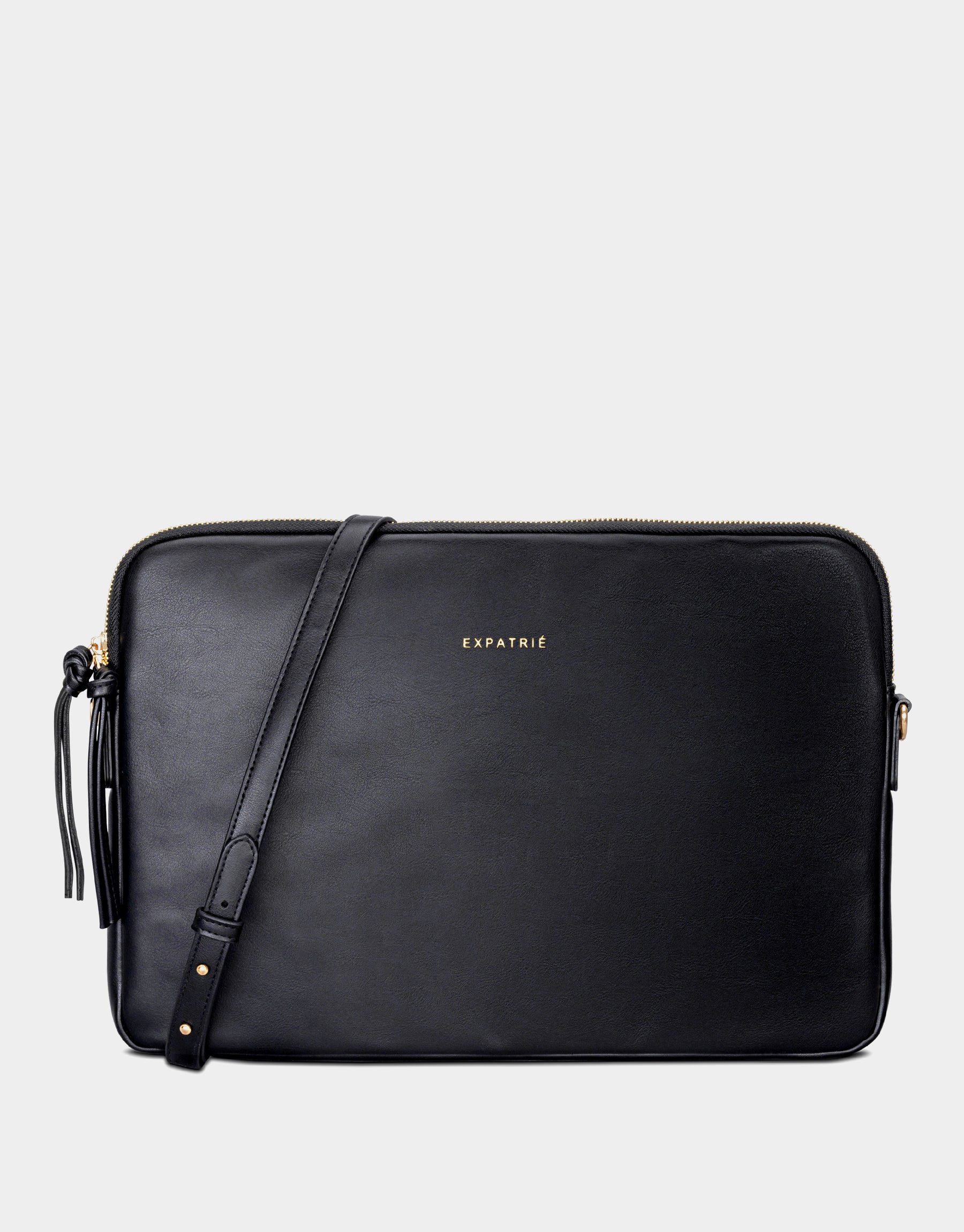 Schwarze Laptop Tasche Marlene von Expatrié mit verstellbarem Schulterriemen und goldfarbenem Reißverschluss