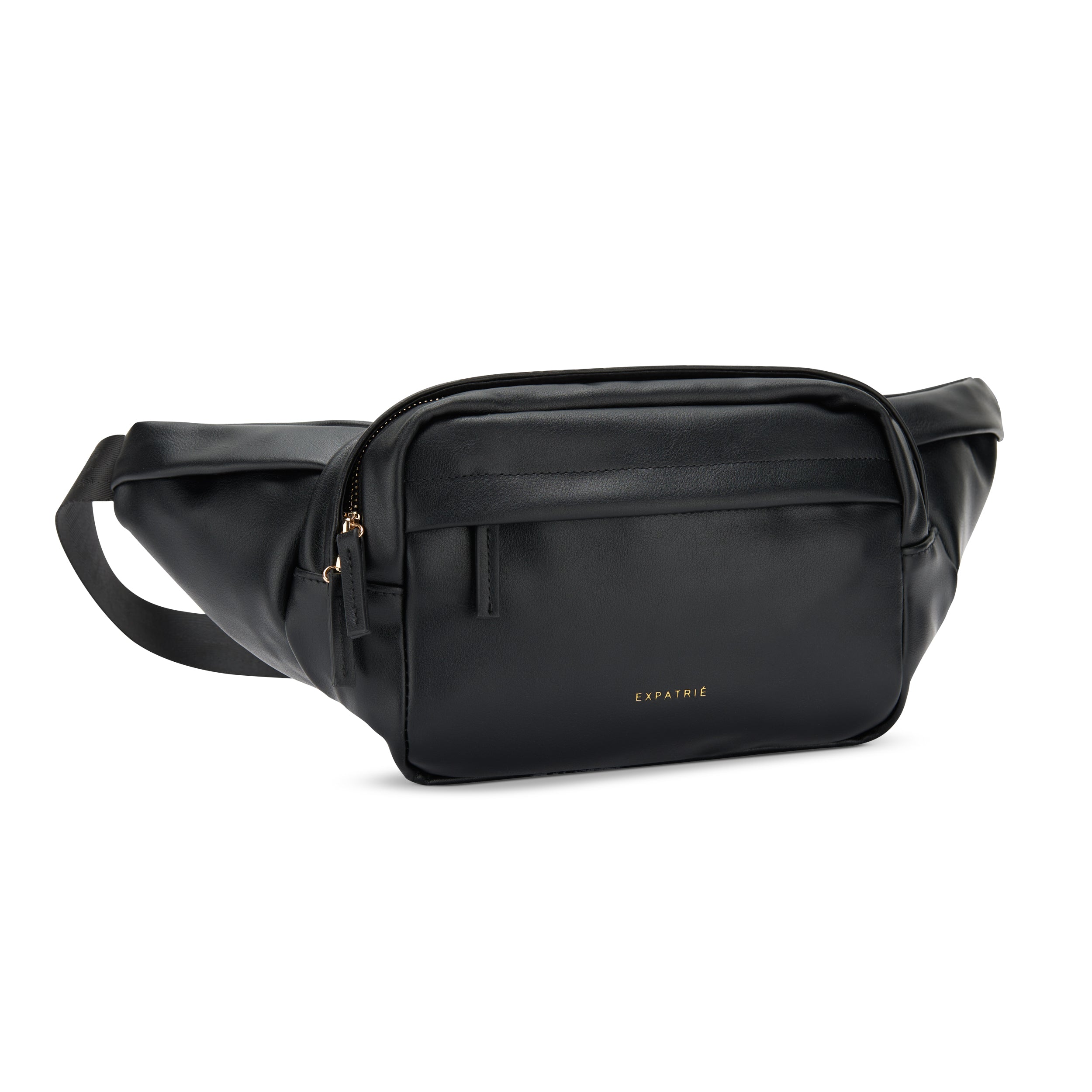 Schwarze Bauchtasche Justine aus PU, rechteckig mit Reißverschluss und goldfarbenem 'Expatrié' Logo
