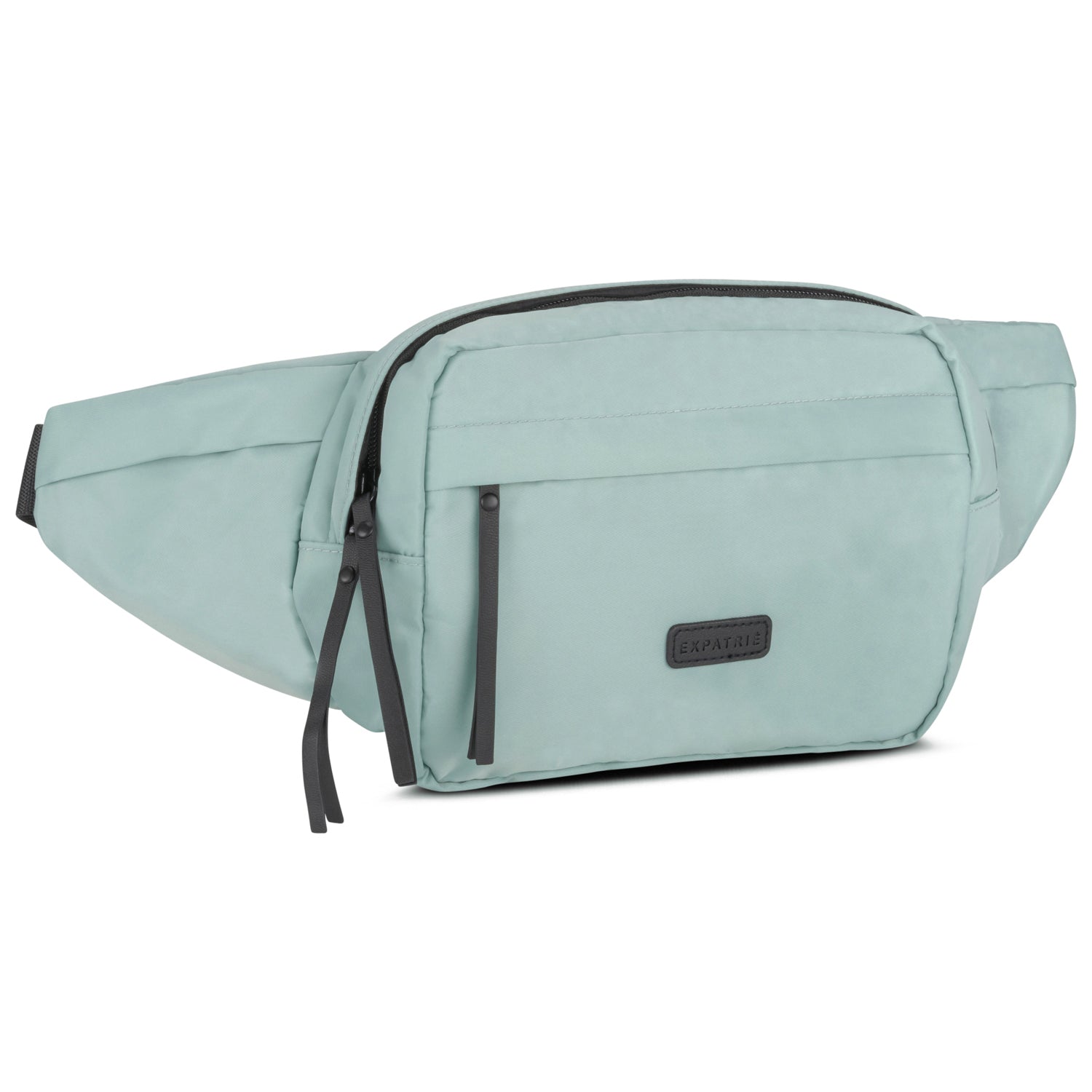 Große mintfarbene Nylon-Bauchtasche Justine mit zwei Zippern und Expatrié-Logo vorne