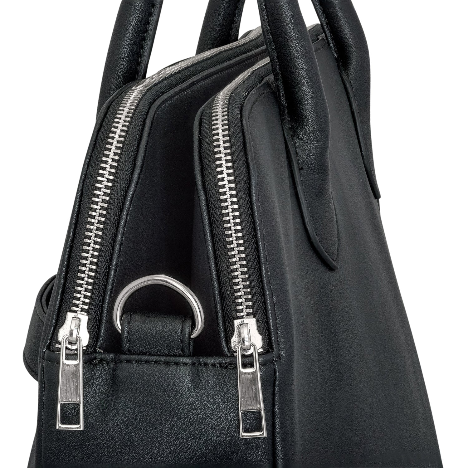 Schwarze Business-Handtasche Odette aus Leder mit zwei Hauptfächern und silbernen Reißverschlüssen