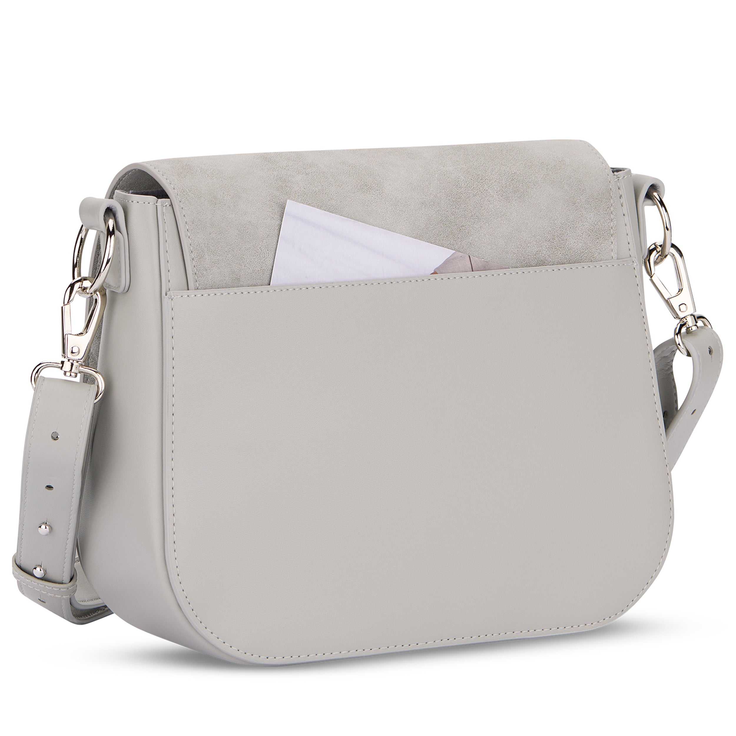 Große Saddle Bag Louise Handtasche aus grauem Leder mit Umschlag und verstellbarem Schulterriemen