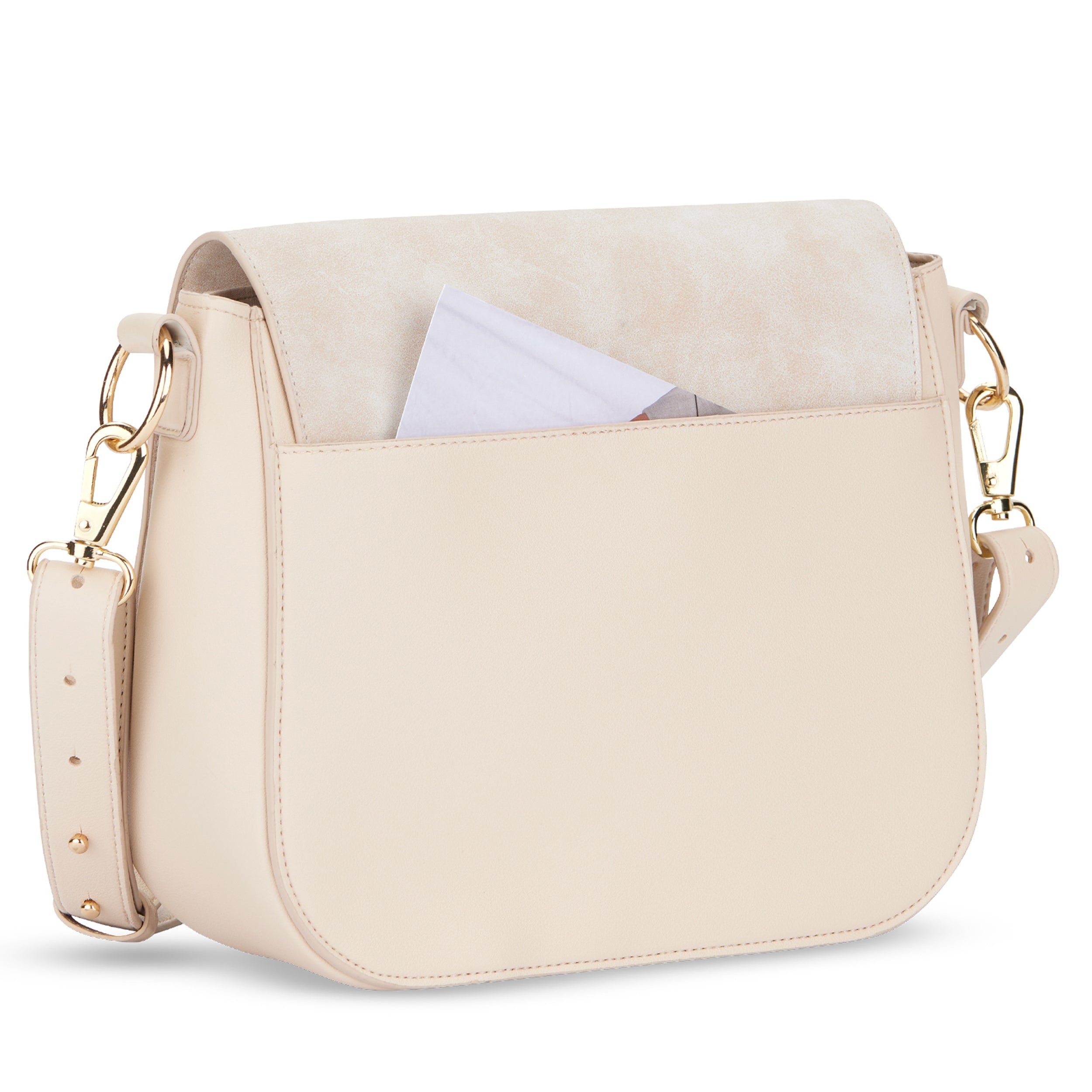 Beige Saddle Bag Louise Large mit Umschlag aus Wildleder und verstellbarem Schultergurt