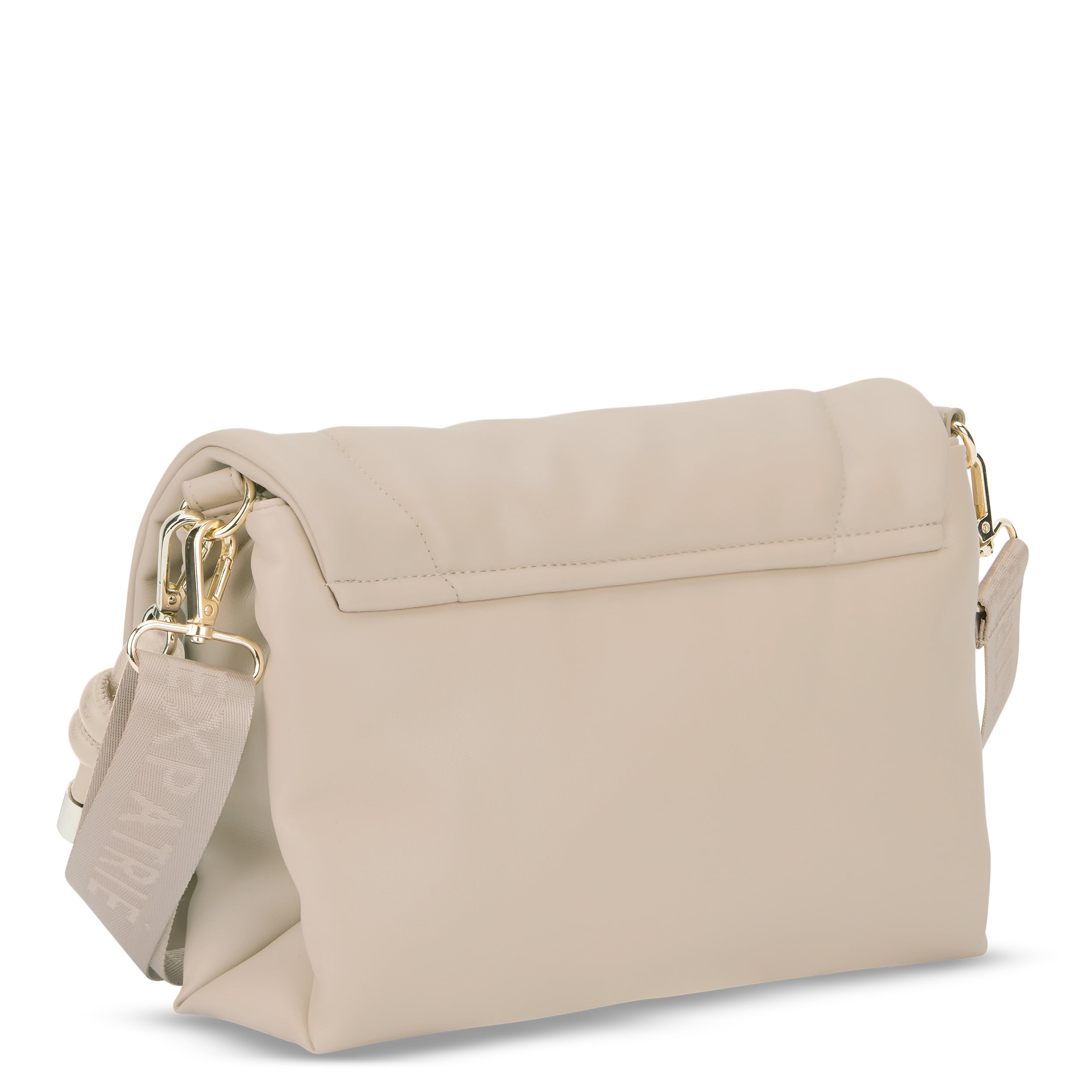 Beige Umhängetasche Zoe Medium mit goldfarbenen Beschlägen und breitem Stoffriemen