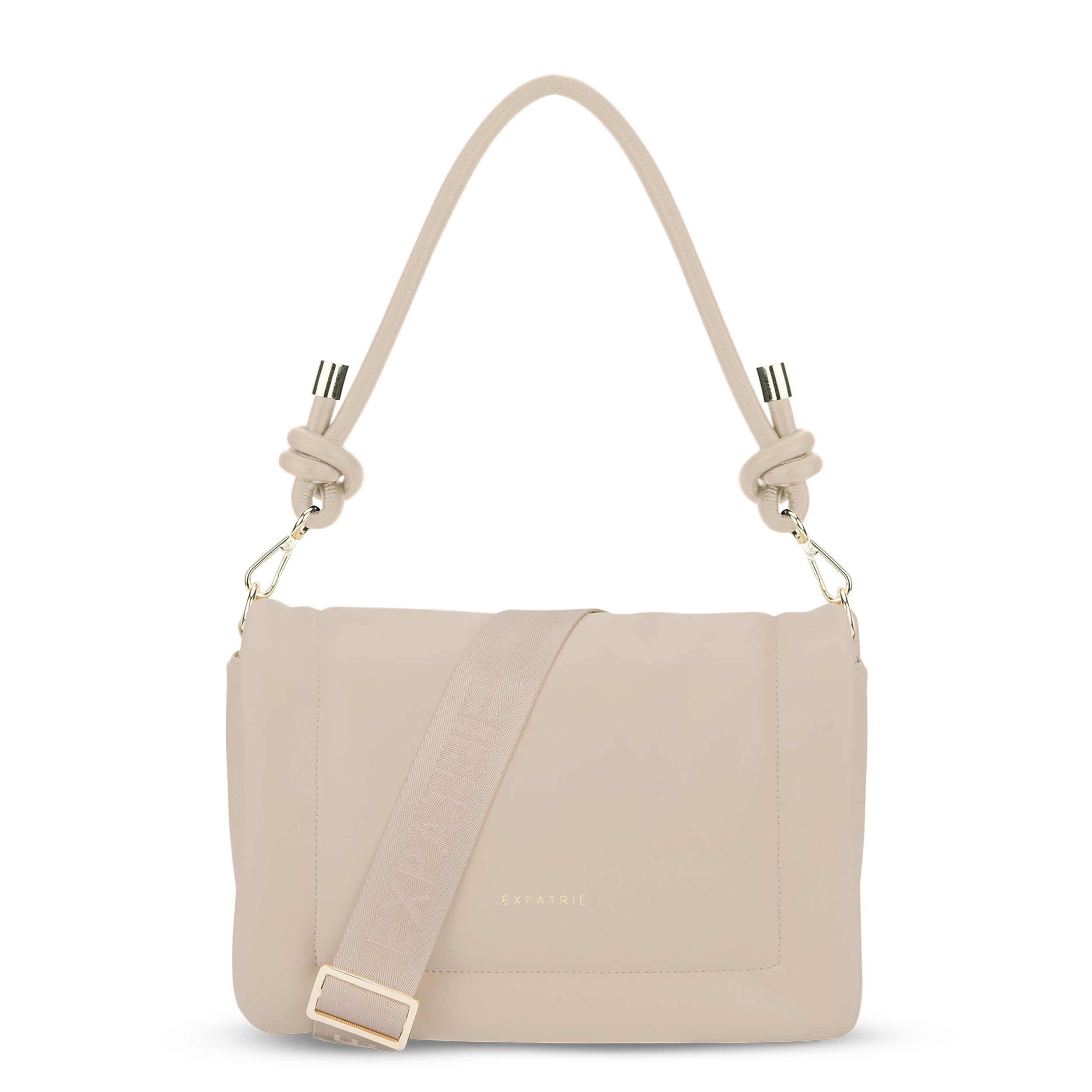 Beige Umhängetasche Zoe Medium von Expatrié mit gepolstertem Design und einem zusätzlichen breiten Schulterriemen