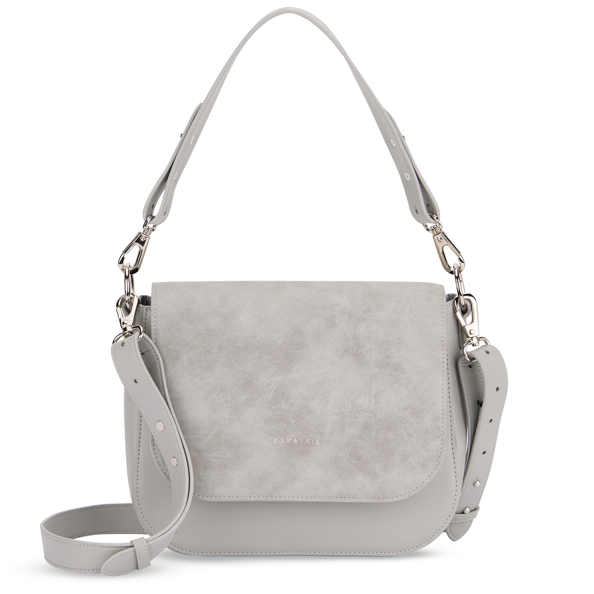 Große Saddle Bag Louise Handtasche in hellgrau mit verstellbarem Schulterriemen und silbernen Metallverschlüssen