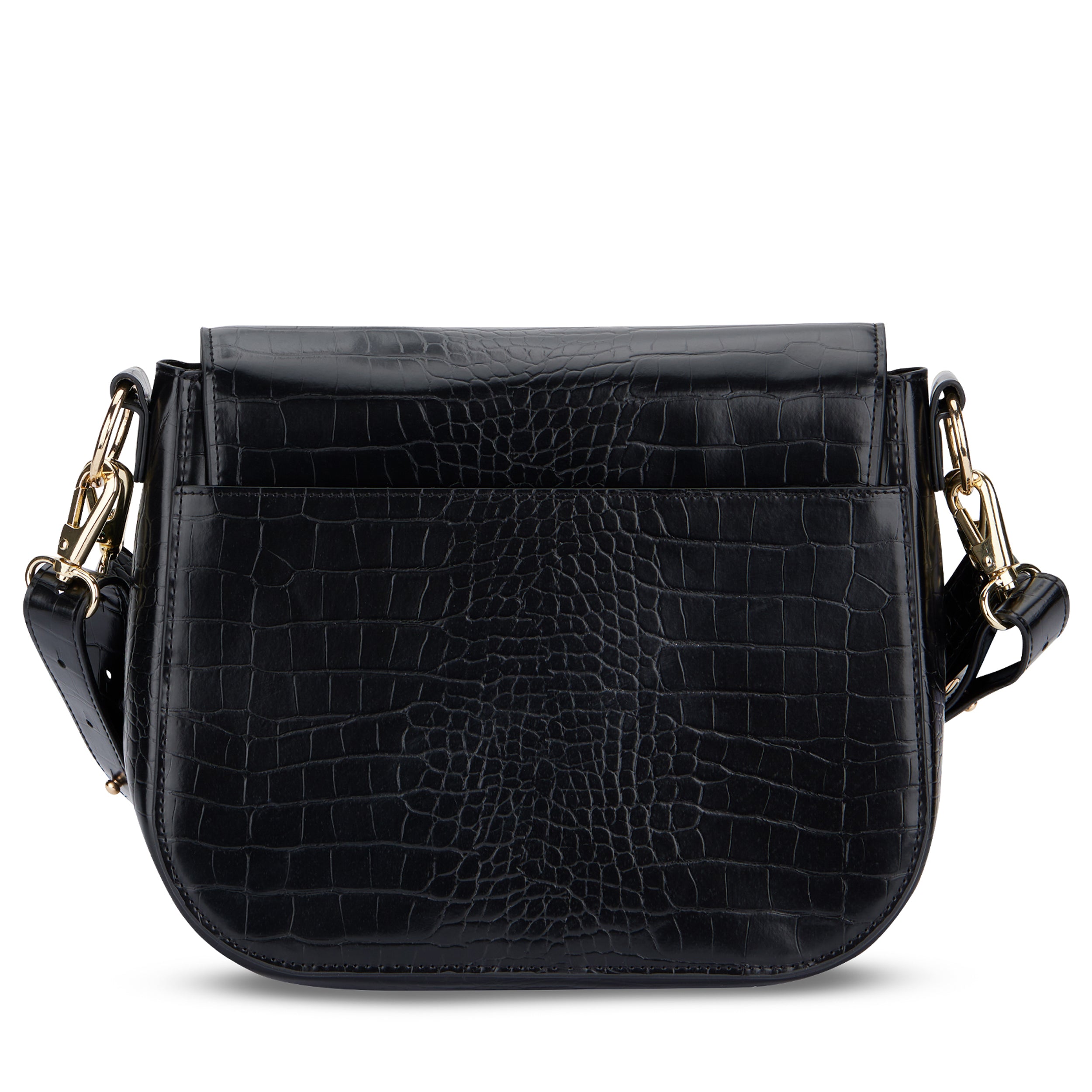 Schwarze Saddle Bag Louise Large mit Kroko-Prägung und goldfarbenen Metallverschlüssen