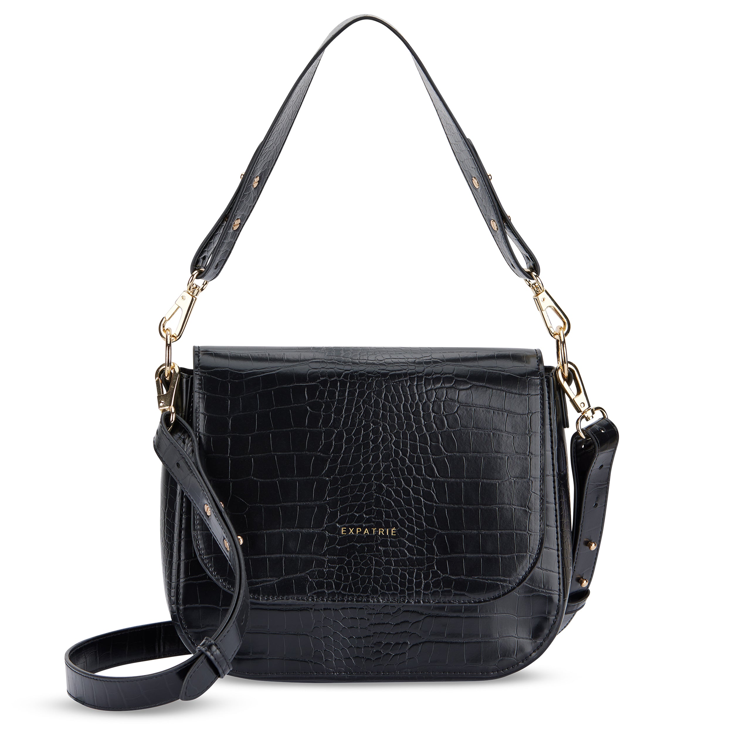Schwarze Saddle Bag Louise Large mit Kroko-Struktur und goldfarbenen Details von Expatrié