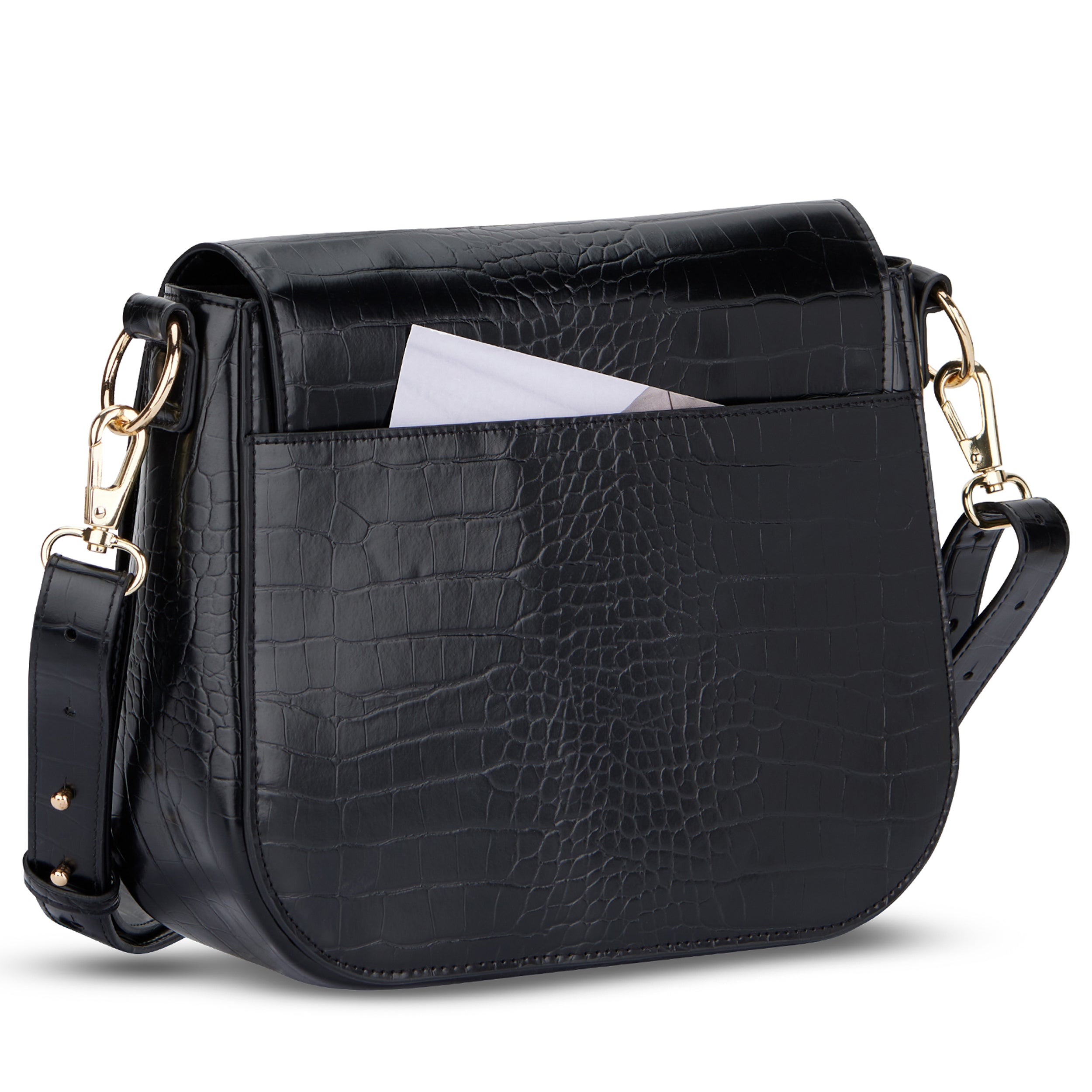 Große schwarze Saddle Bag Louise mit Kroko-Prägung und goldfarbenen Verschlüssen