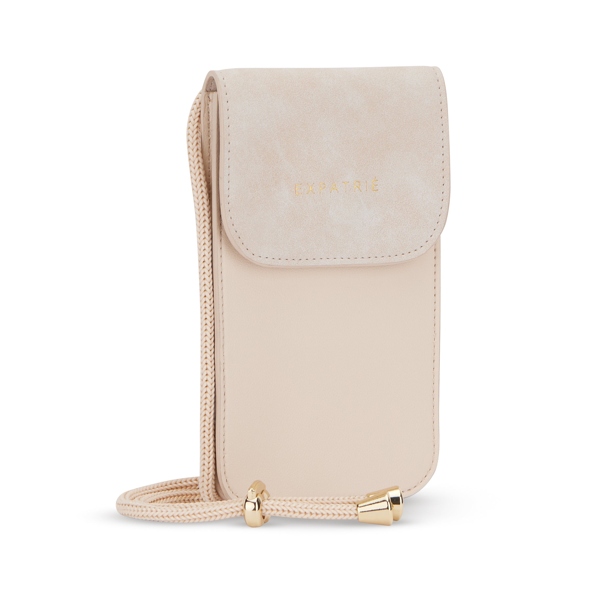 Beige Handy-Umhängetasche Amelie mit Kordelriemen und Klappe mit goldener Prägung