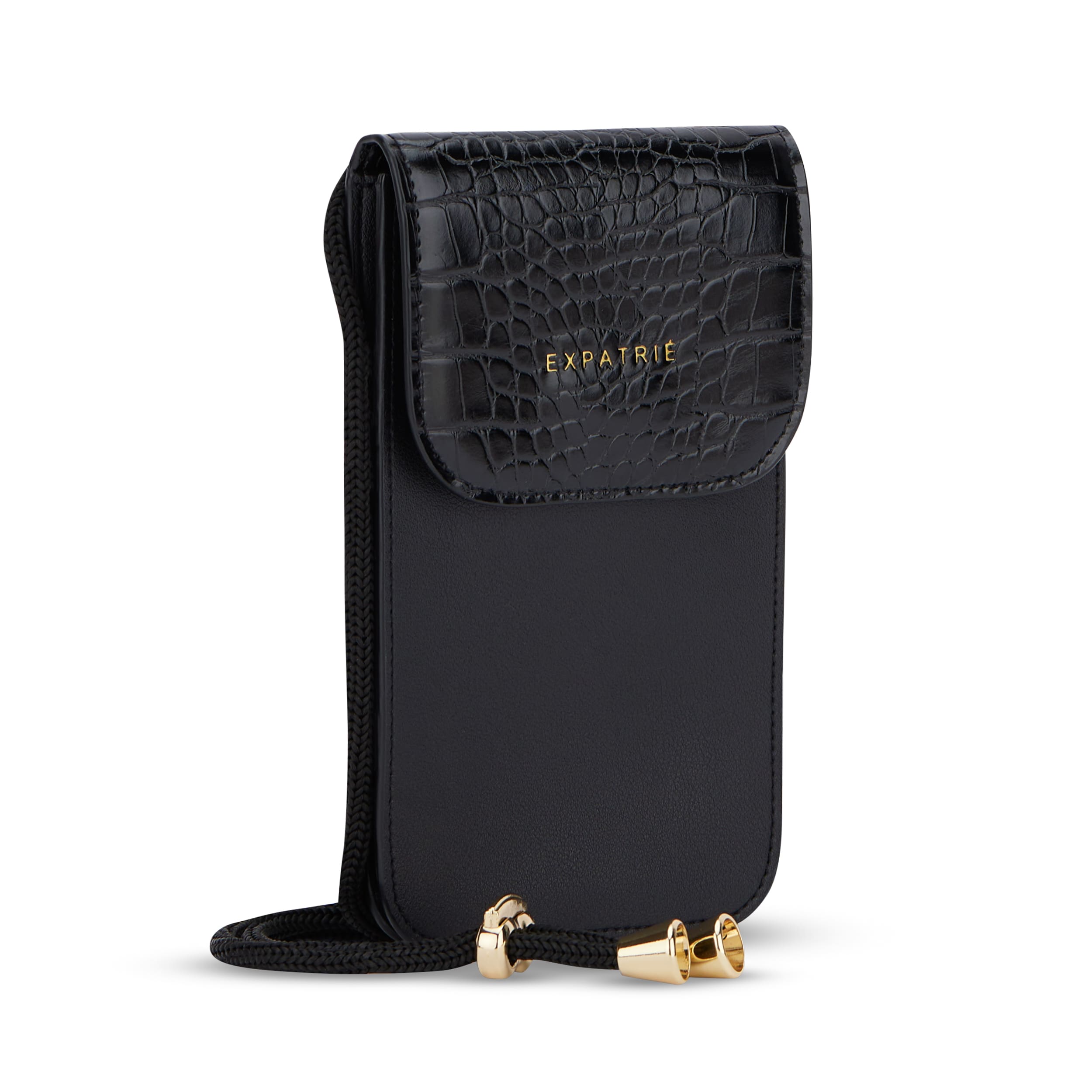 Schwarze Handy-Umhängetasche Amelie mit Kroko-Prägung und goldenem EXPATRIÉ-Logo