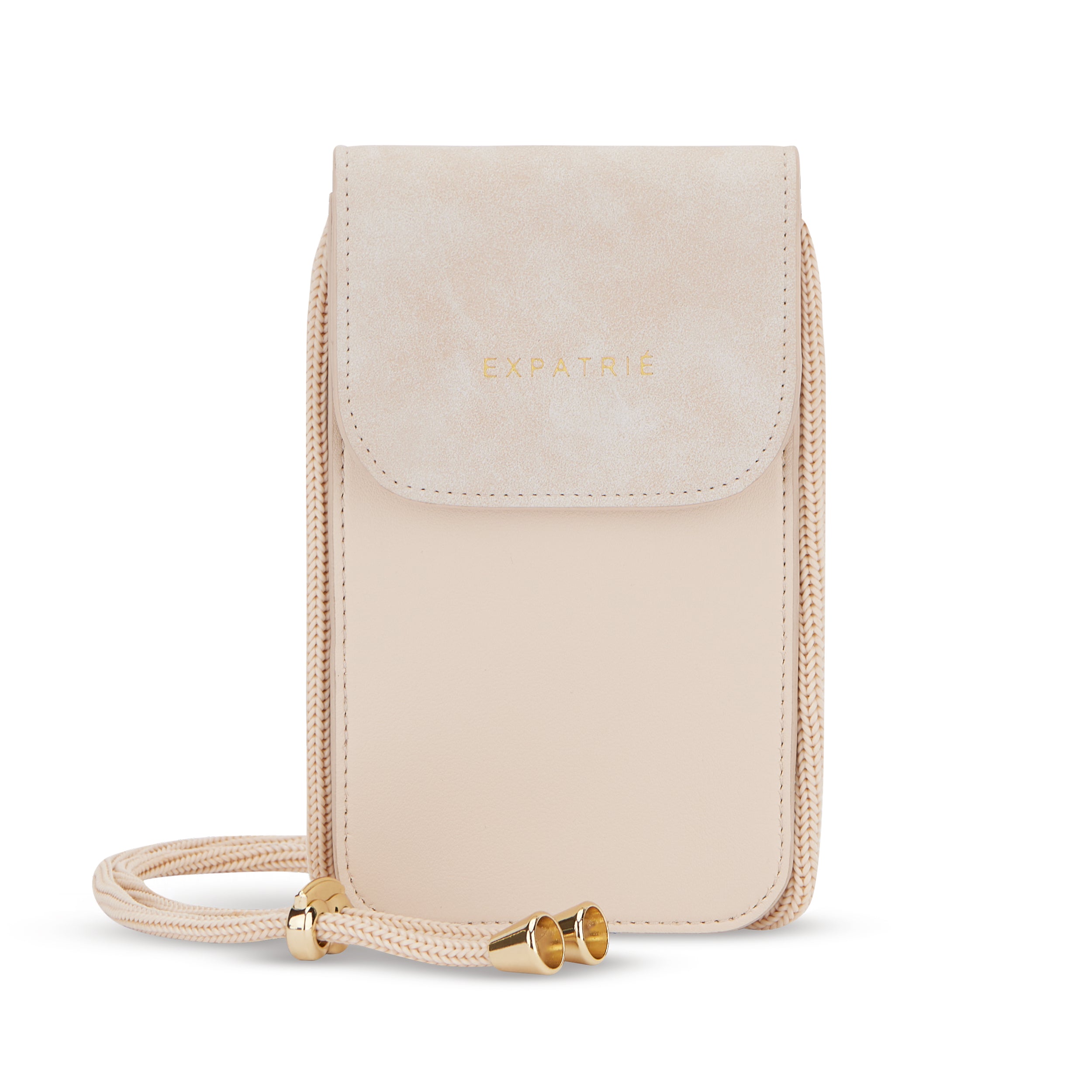 Beige Handy-Umhängetasche Amelie mit goldfarbenen Details und verstellbarem Kordelriemen