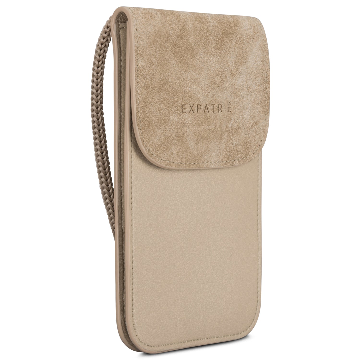 Beige Handy-Umhängetasche 'Amelie' aus glattem und wildlederartigem Material mit geflochtenem Schulterriemen
